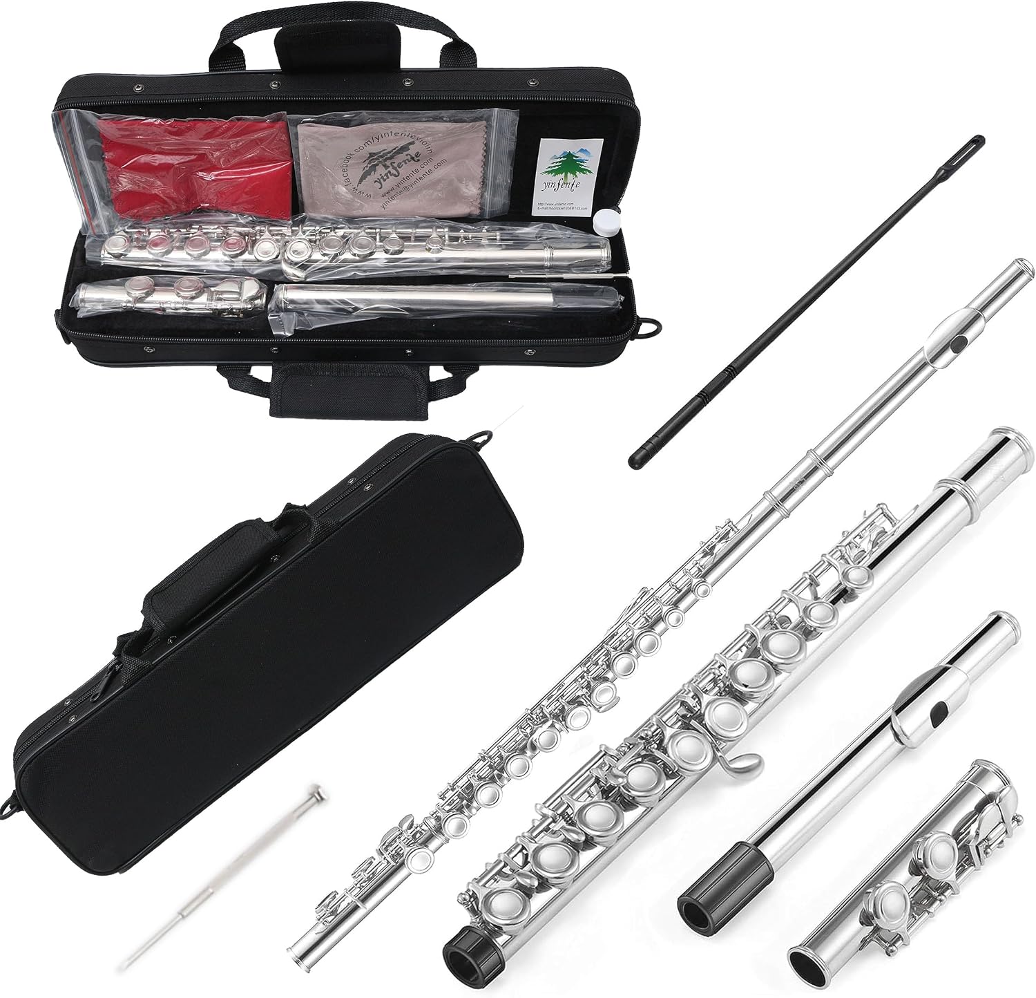 Yinfente 16 Hole C Flute With Gloves, Cleaning Rod, Case, Tuning Key and Extra Reeds - Nickel Silver Body, Closed Hole, For Student and Beginner