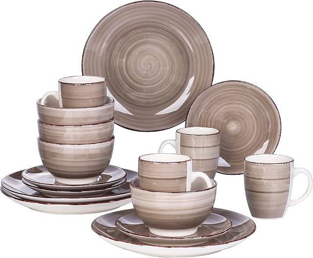 vancasso Bella Dinner Set for 4, Stoneware Plate Bowl Set Handpainted Tableware, 16 Piece Cream Dinner Service with Dinner Plate/Dessert Plate/Cereal Bowl/Mug, Rustic Chic Style
