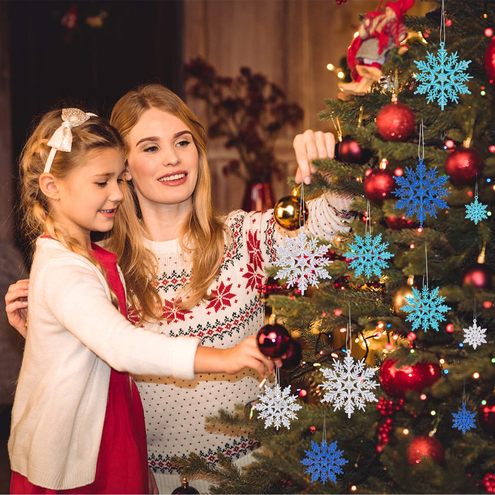 Lanpn Kerstversieringen kristallen kerstboomdecoratie, hangende heldere acryl sneeuwvlok ijspegel hangers voor Kerstmis winter buiten binnen feestdecoratiebenodigdheden (blauw, 26 stuks