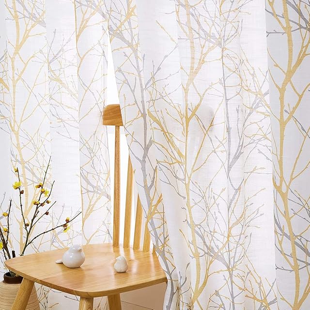 Yellow Grey White Sheer Curtains 72 inch Drop for Bedroom Living Room Grey Branch Print Light Filtering Eyelet Curtain Panels Botanical Pattern Privacy Textured Look Semi-Sheer Drapes 50" w 2pcs