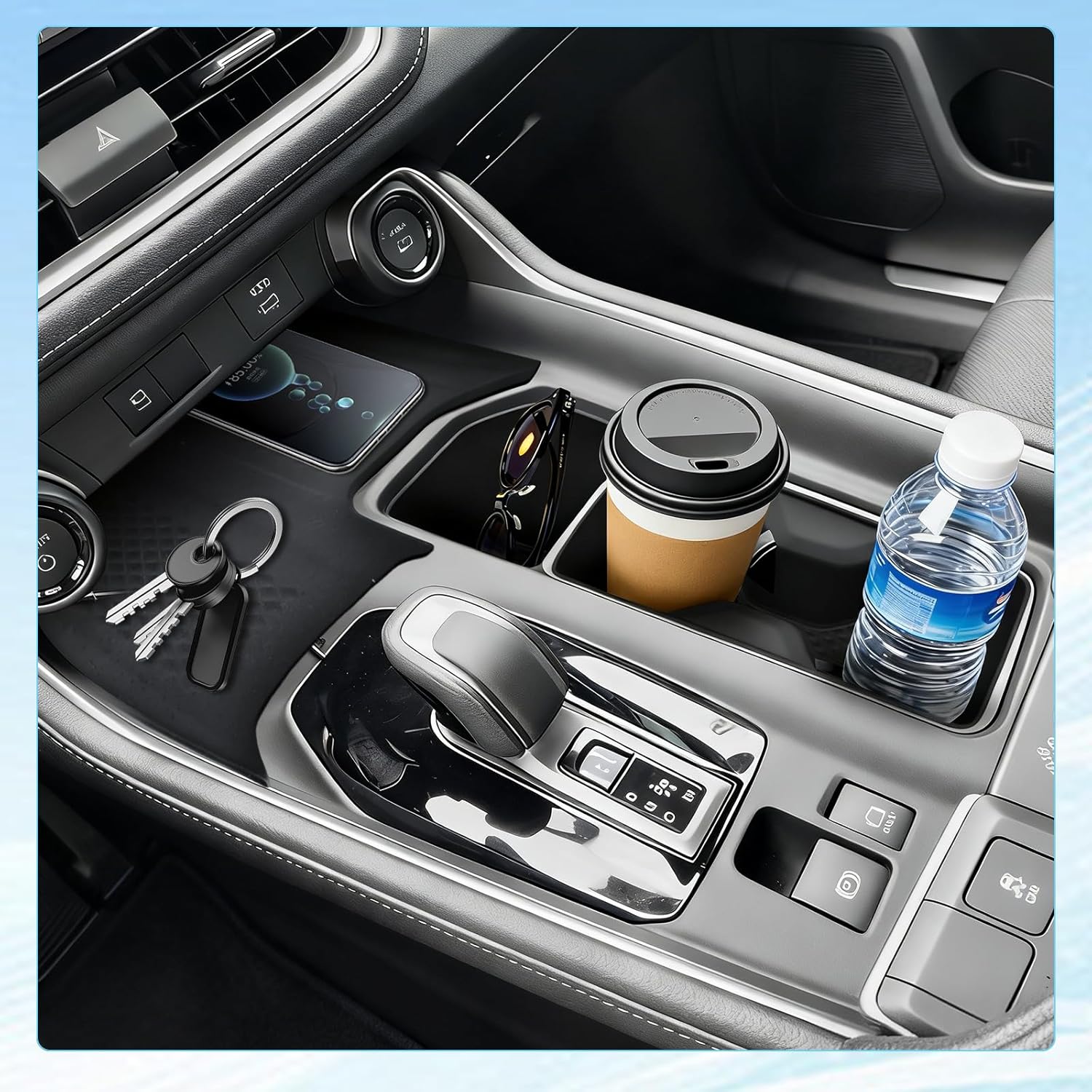 TPE Anti-Slip Cup Holder Insert & Silicone Wireless Charging Non-Slip Mat 2pcs for 2024 2025 2026 Toyota Grand Highlander Accessories Anti-Drop & Anti-Rattle for Grand Highlander Hybrid Black