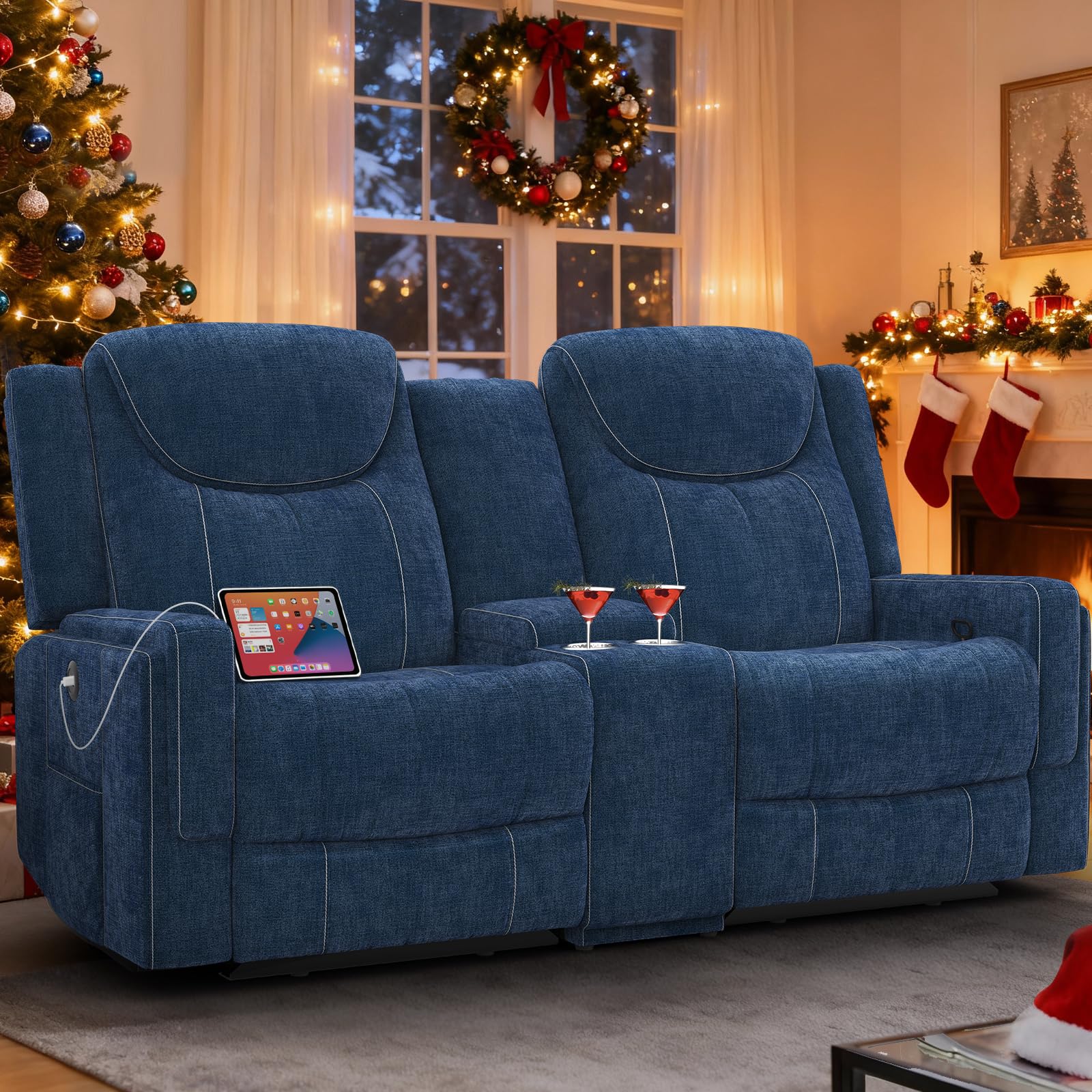 Dresegmt Loveseat Recliner Sofa, Manual Reclining Loveseat Sofa with Storage Console, Cup Holders, USB Ports, Modern Luxury Large Navy Blue Linen
