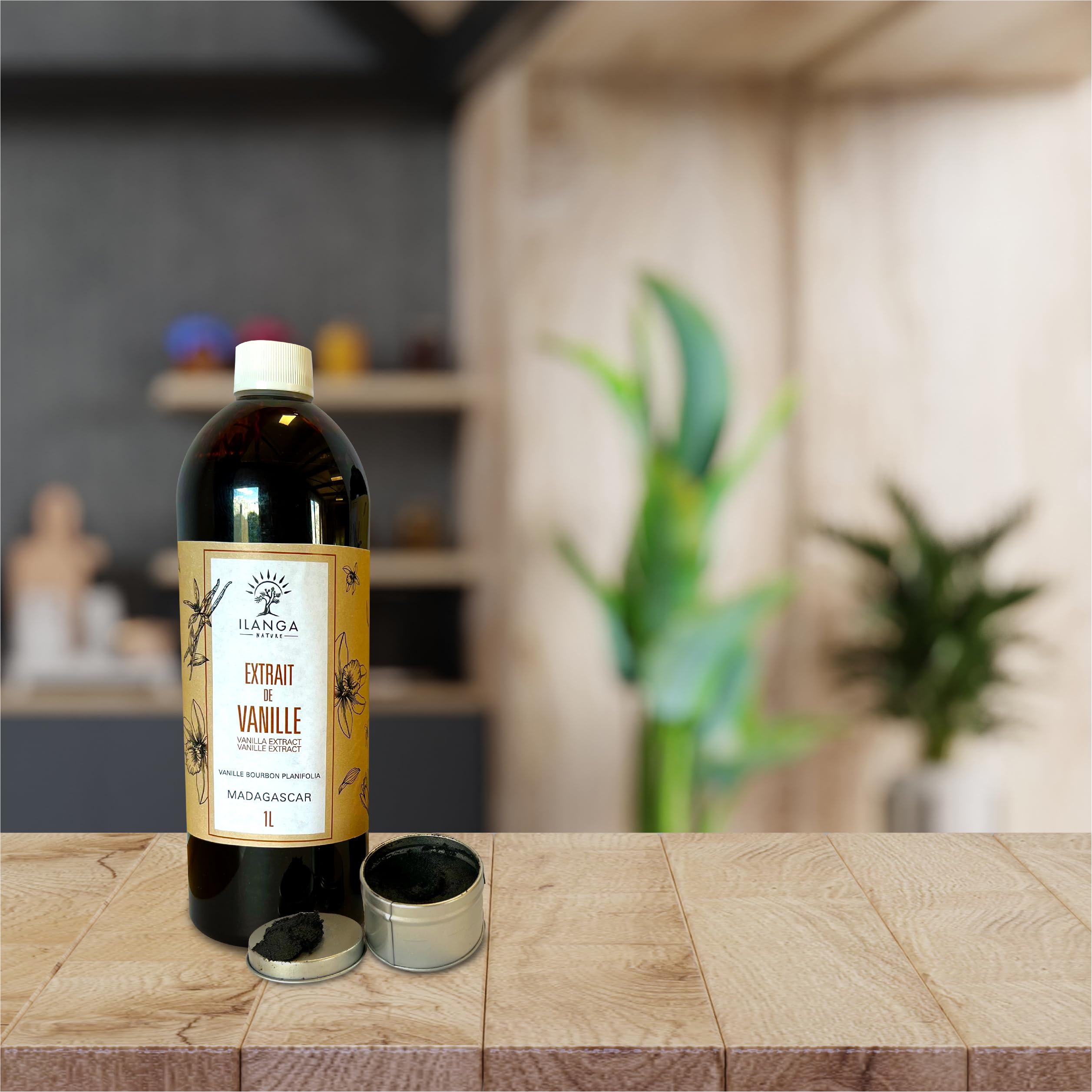 Ilanga Nature Extracto de vainilla Bourbon 1L, sin semillas (200 g/L), extracto natural de vainilla de Madagascar, ideal para repostería, postres, helados, café y bebidas