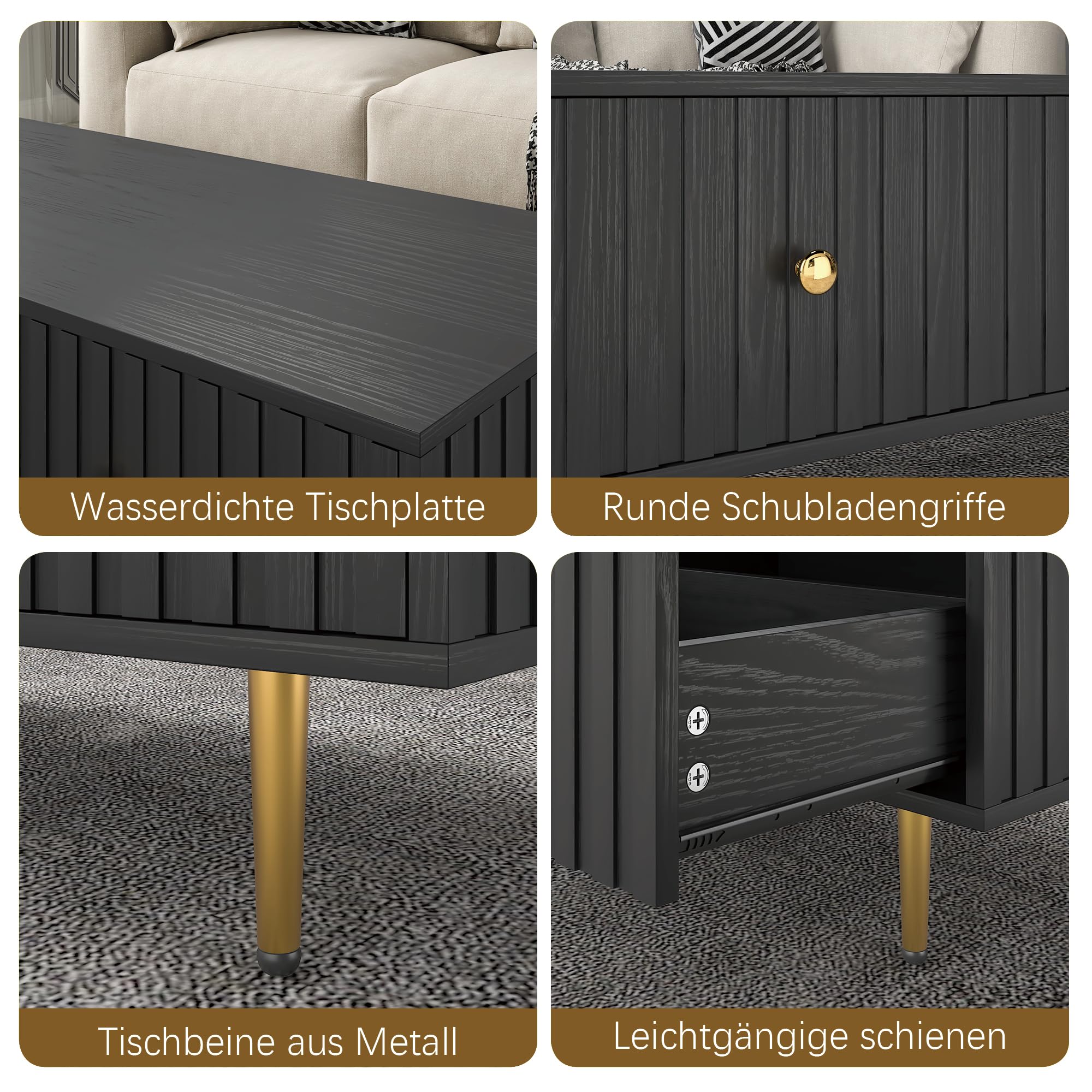 KEEPREAPER Couchtisch, Wohnzimmertisch mit 2 Schubladen und Metallfüßen, modern, für Wohnzimmer, 110 x 50x 40 cm (Schwarz)
