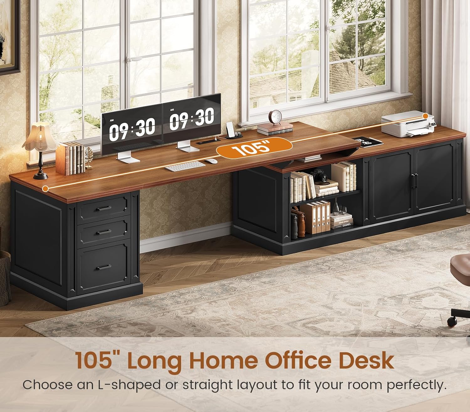 Image showing the SEDETA Farmhouse L-Shaped Desk configured as a 105-inch long desk, with two monitors and office accessories, demonstrating its spacious workspace.