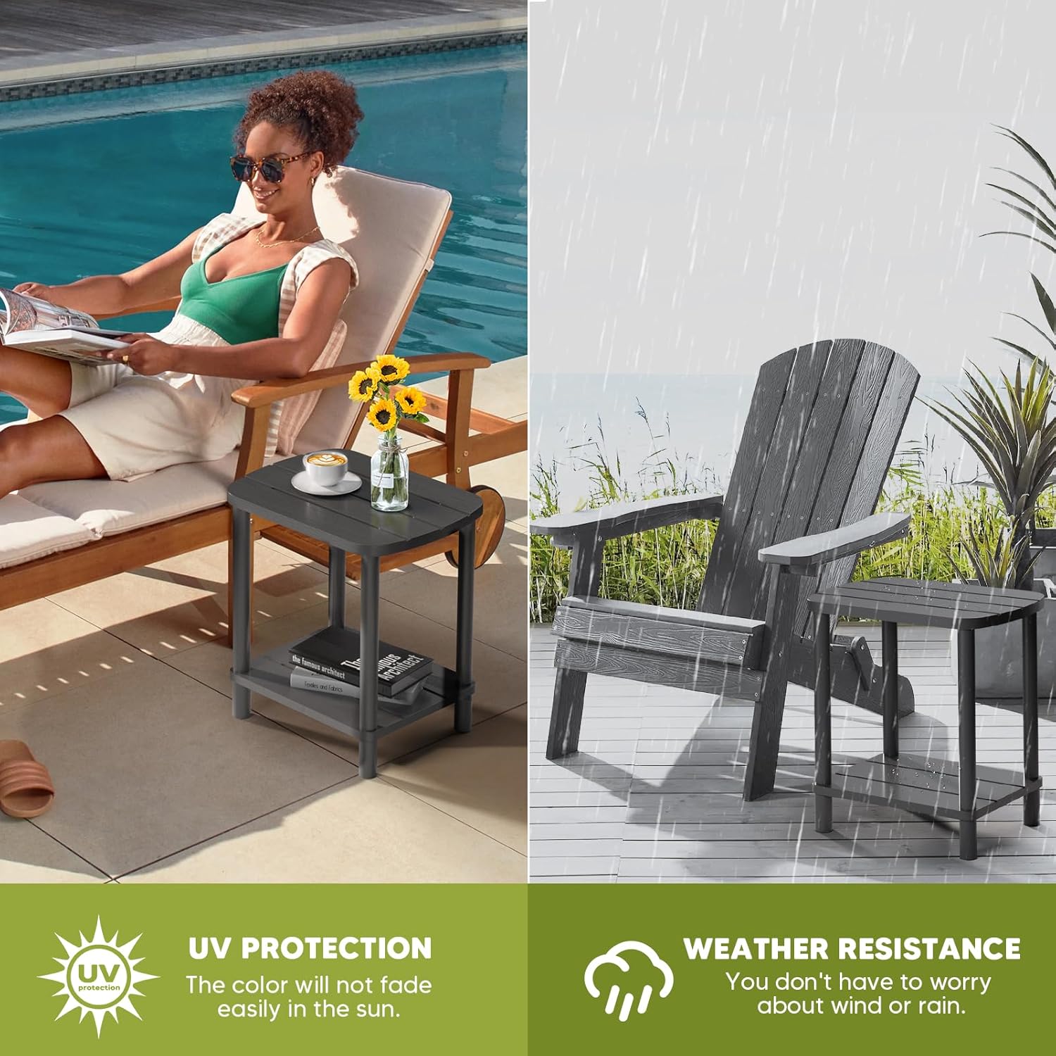 LEJANEOYE Outdoor Side Table, Adirondack Outdoor Patio Table, Bamboo Small Patio End Tables for Pool, Porch, Backyard, Bathroom and Indoor. Easy Maintenance & Weather Resistant (Grey, Standard)