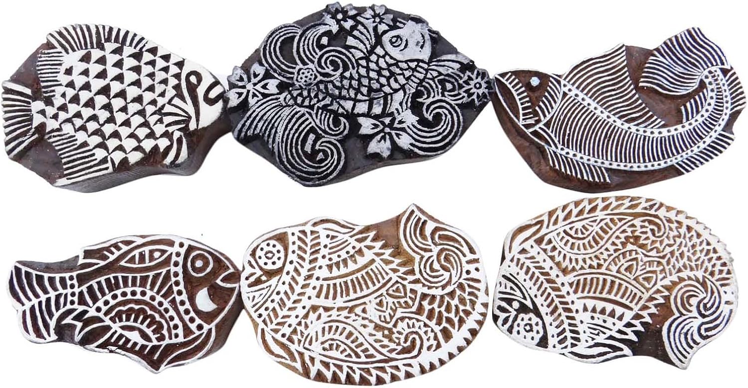 Lot of 6 Pcs Fish Hand Carved Printing Block Woodblock Pottery Scrapbook Stamp