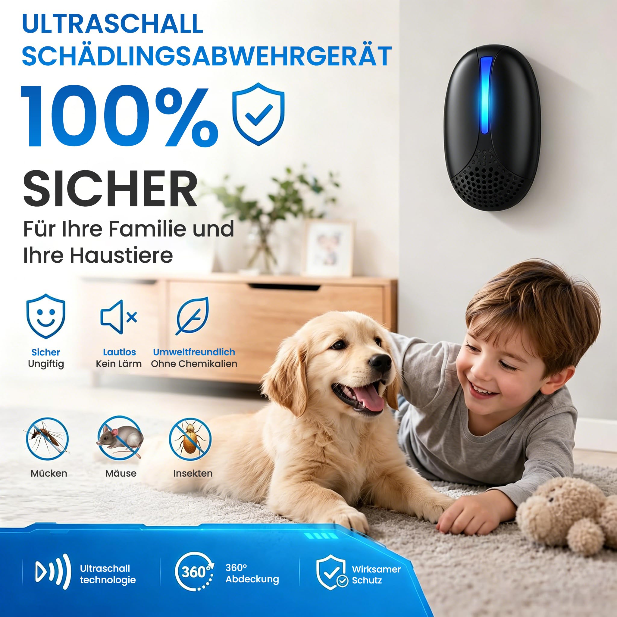 Ultraschall Schädlingsbekämpfer 6er Set – Plug-In Mäuseabwehr & Elektronischer Insektenvertreiber gegen Mäuse, Ratten, Mücken, Kakerlaken, Spinnen – Für Innenräume（Schwarz）