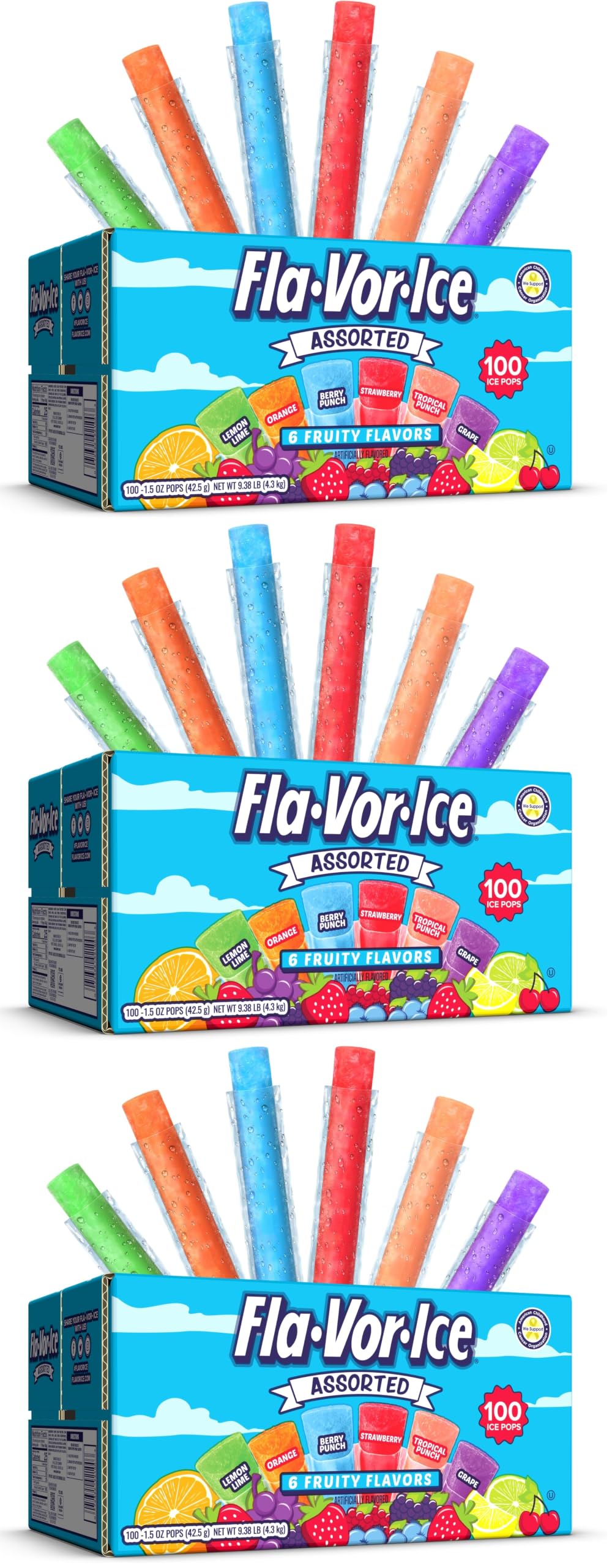 Fla-Vor-Ice Popsicle Variety Pack of 1.5 Oz Freezer Bars, Assorted Flavors, Lemon-Lime, Berry Punch, Grape, Strawberry, Orange, and Tropical Punch 100 Count (Pack of 3)