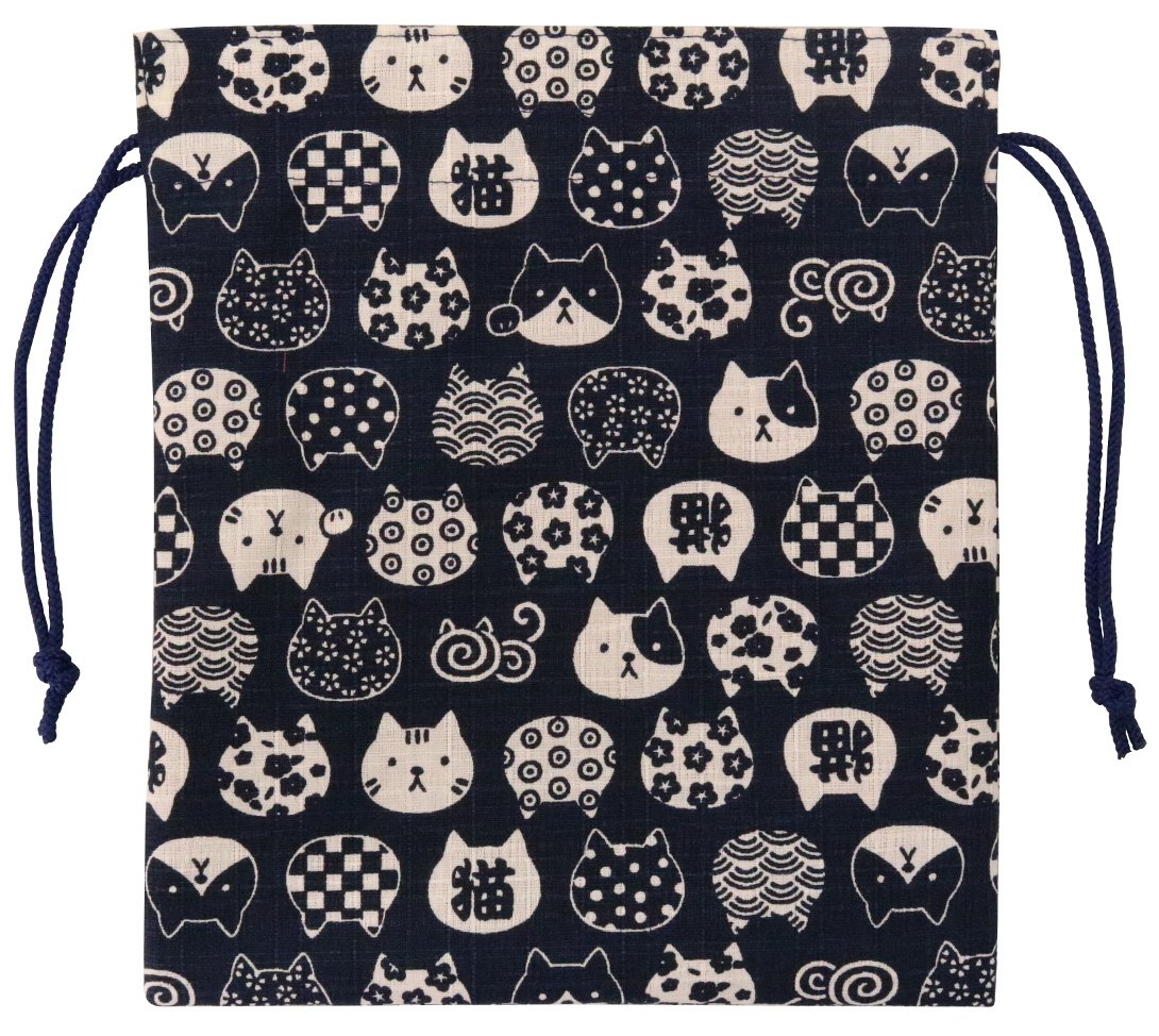 Nyanko-mon Navy Drawstring Pouch, Made in Japan