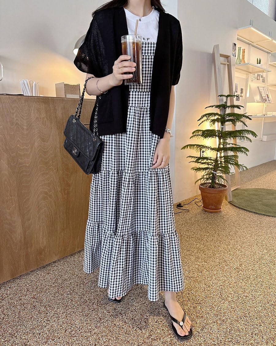 chouyatou Women's Retro Plaid Suspender Maxi Dress Sleeveless Ruffle Tiered Overall Jumper Long Dress - Image 2