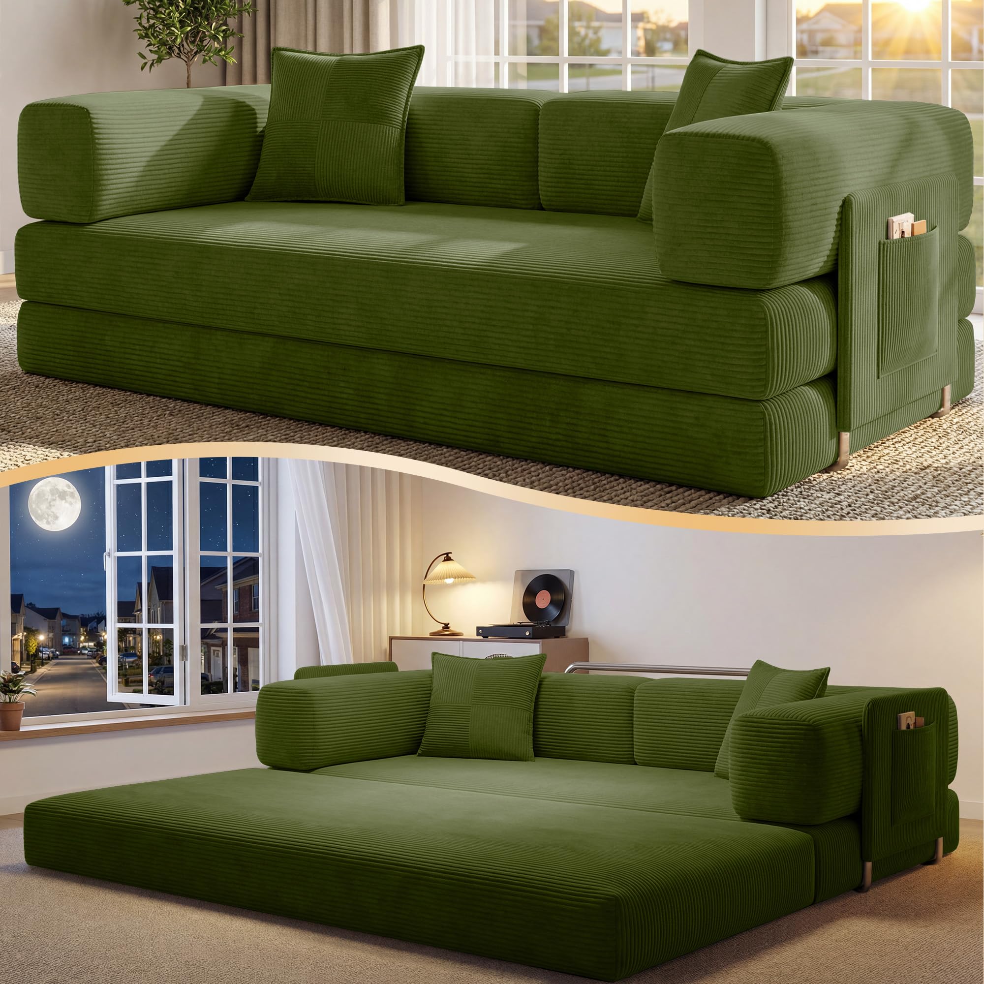 78.8" convertible sofa bed,corduroy futon couch with storage pocket,folding pull out futon sofa,no assembly boneless couch for living room,green