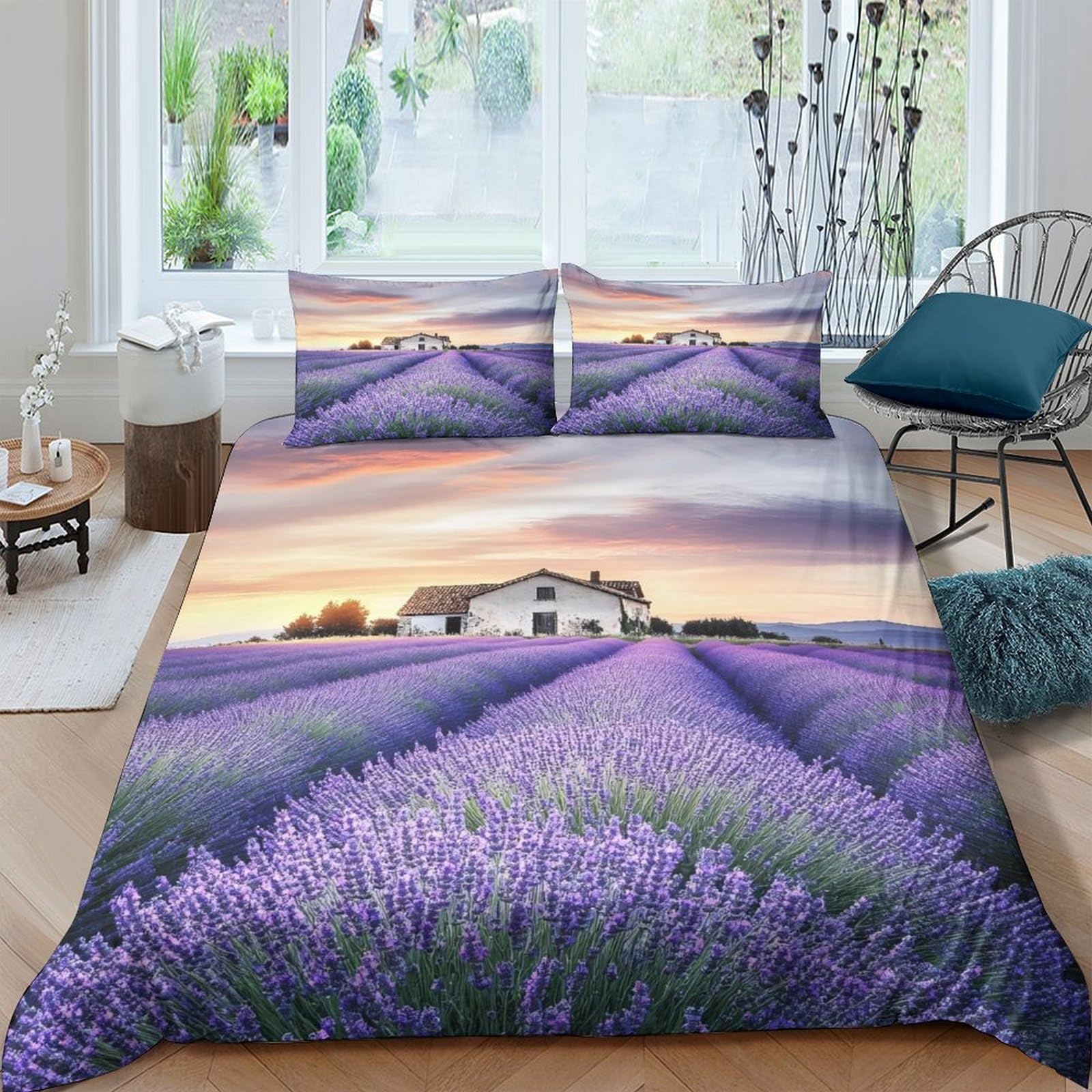 Ctjqhvkz Style-5 3D Printed Lavender Field Fitted Sheet Microfiber Bed Cover Sunset Landscape Mattress Cover Anti-Slip Machine Washable Bedroom Decor Single（135X200cm）
