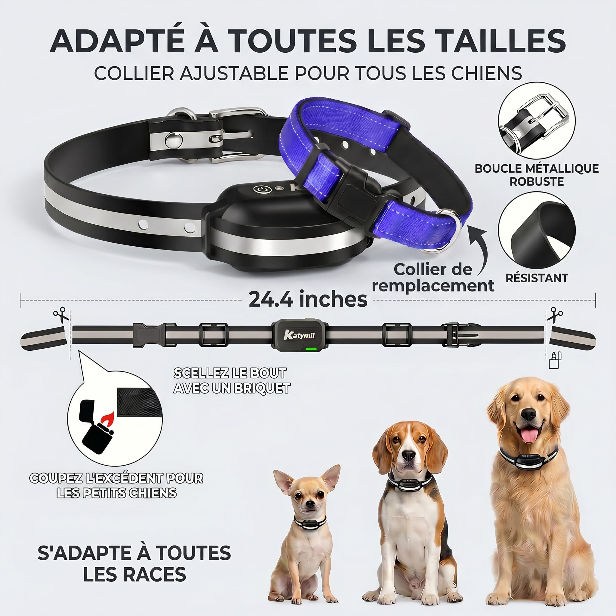 Collier de Dressage pour Chien sans Choc Électrique avec Télécommande, Ebook Éducatif Inclus, Vibration et Lumière – Étanche IP67 – Adapté à Tous Les Chiens – KATYMIL
