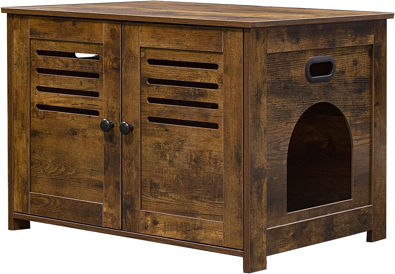 DINZI LVJ Litter Box Enclosure, Cat Litter House with Louvered Doors, Entrance Can Be on Left or Right Side, Spacious Hidden Cat Washroom for Most of Litter Box, Cat Furniture Cabinet, Rustic Brown
