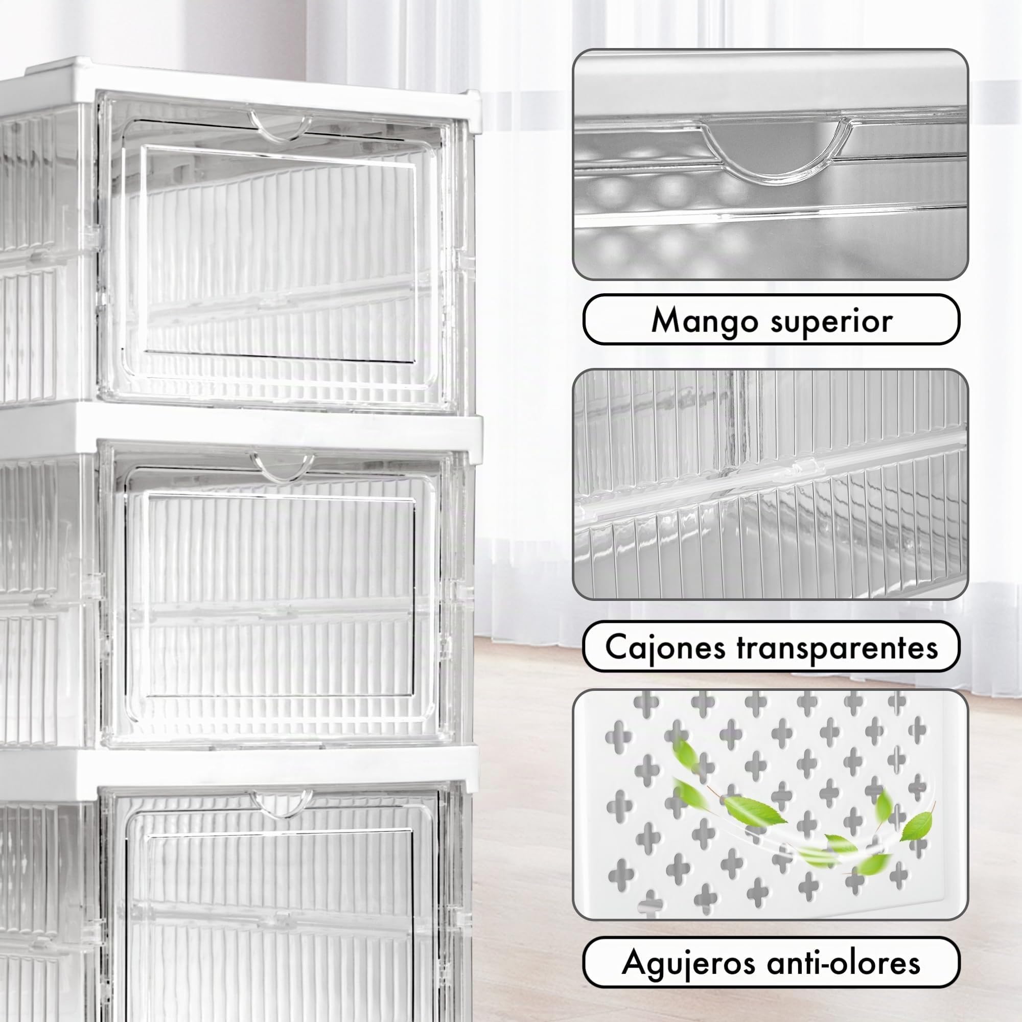 12x Cajas de almacenamiento plegables y apilables | Zapatero | Organizadores de plástico transparente con puerta abatible | Diseño modular, ventilado y resistente para guardar zapatos ropa accesorios