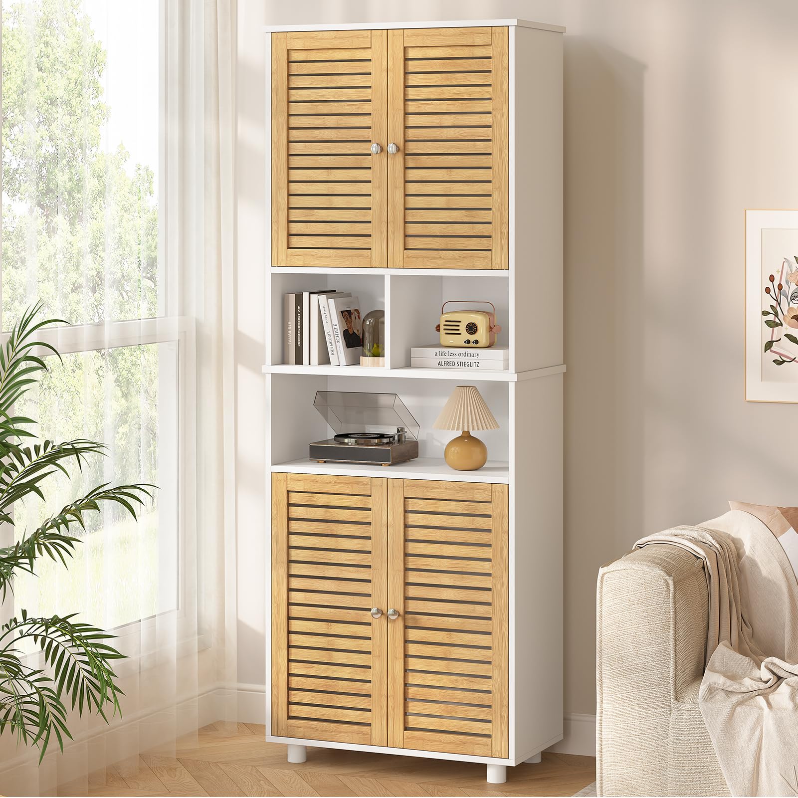 Badezimmerschrank hoch, Badezimmer Hochschrank mit 3 offenen Fächern und verstellbaren Ablagen, Badschrank mit 4 Bambustüren, Bad hochschrank für Wohnzimmer, Küche und Bad, 60 x 30 x 170 cm