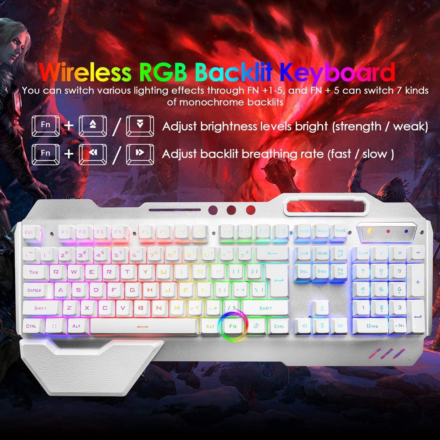 Bezprzewodowa klawiatura do gier z mechanicznym podświetleniem RGB, akumulator 5000 mAh z wyjmowaną podkładką pod rękę + 7 kolorów mysz do gier LED dla pisarzy/graczy (biała)