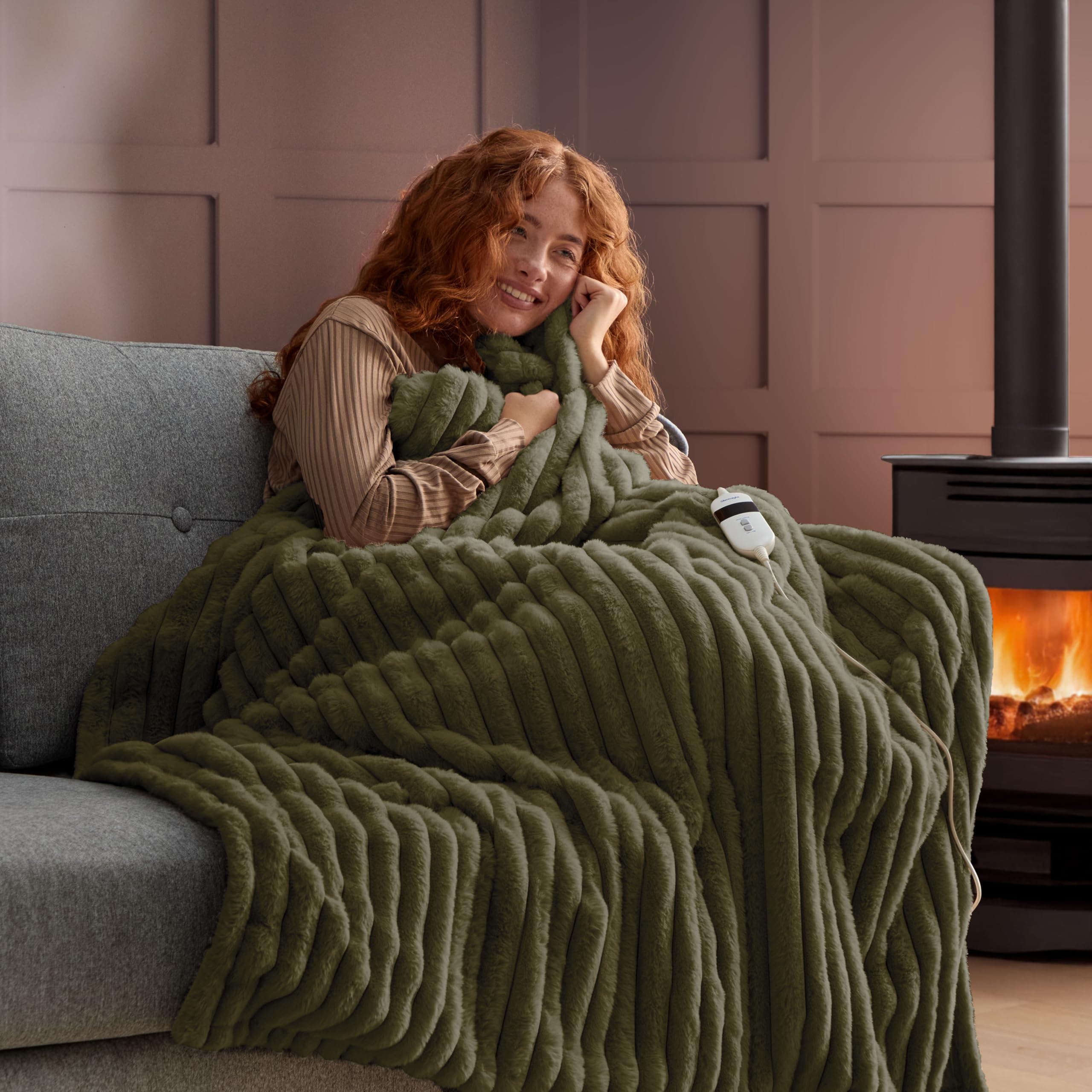 Silentnight Luxury Ribbed Faux Fur Heated Throw Green 120X160