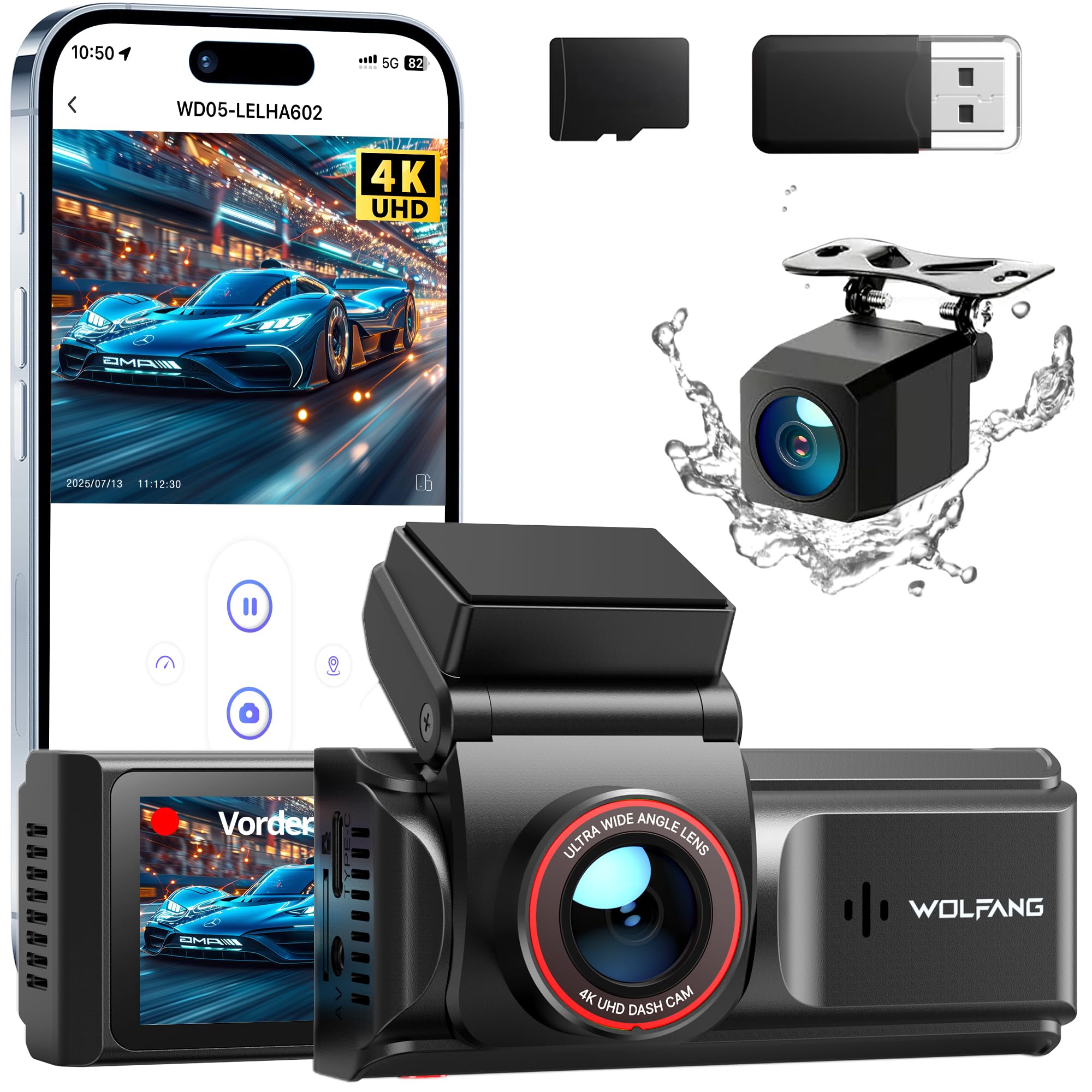 WOLFANG 4K Dash Cam Front and Rear WiFi Dashcam, Dual Car Camera Dash Cam with 3"IPS, Super Night Vision, Loop Recording, G-Sensor, 170 Wide Angle, Parking Guard, with SD Card, APP Control