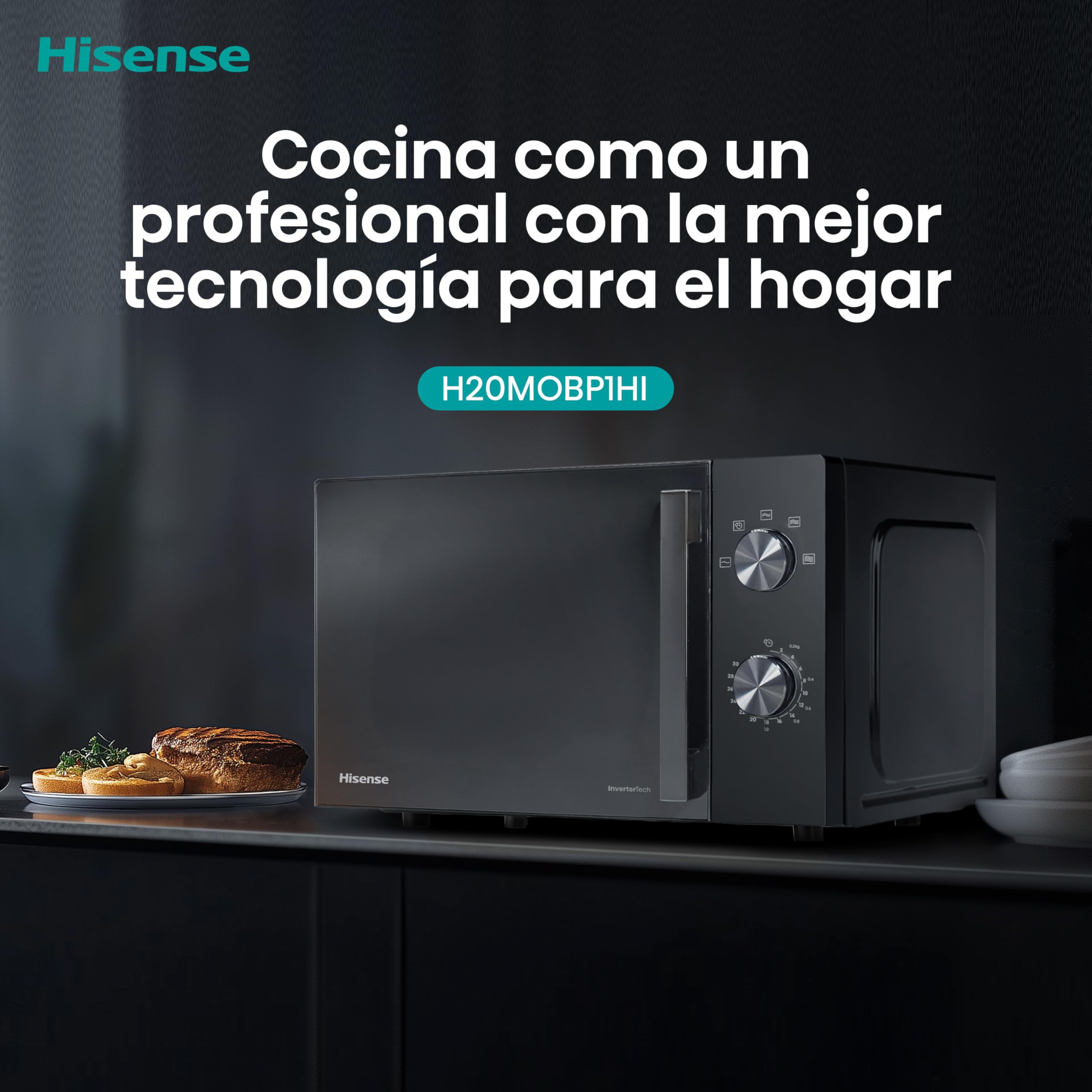 Hisense H20MOBP1HI - Microondas 20 Litros, 700W, Inverter Expert, Descongelación Rápida, Calentamiento Uniforme, Silencioso, Revestimiento Cerámico, Cristal Premium, Modo ECO, 5 Programas