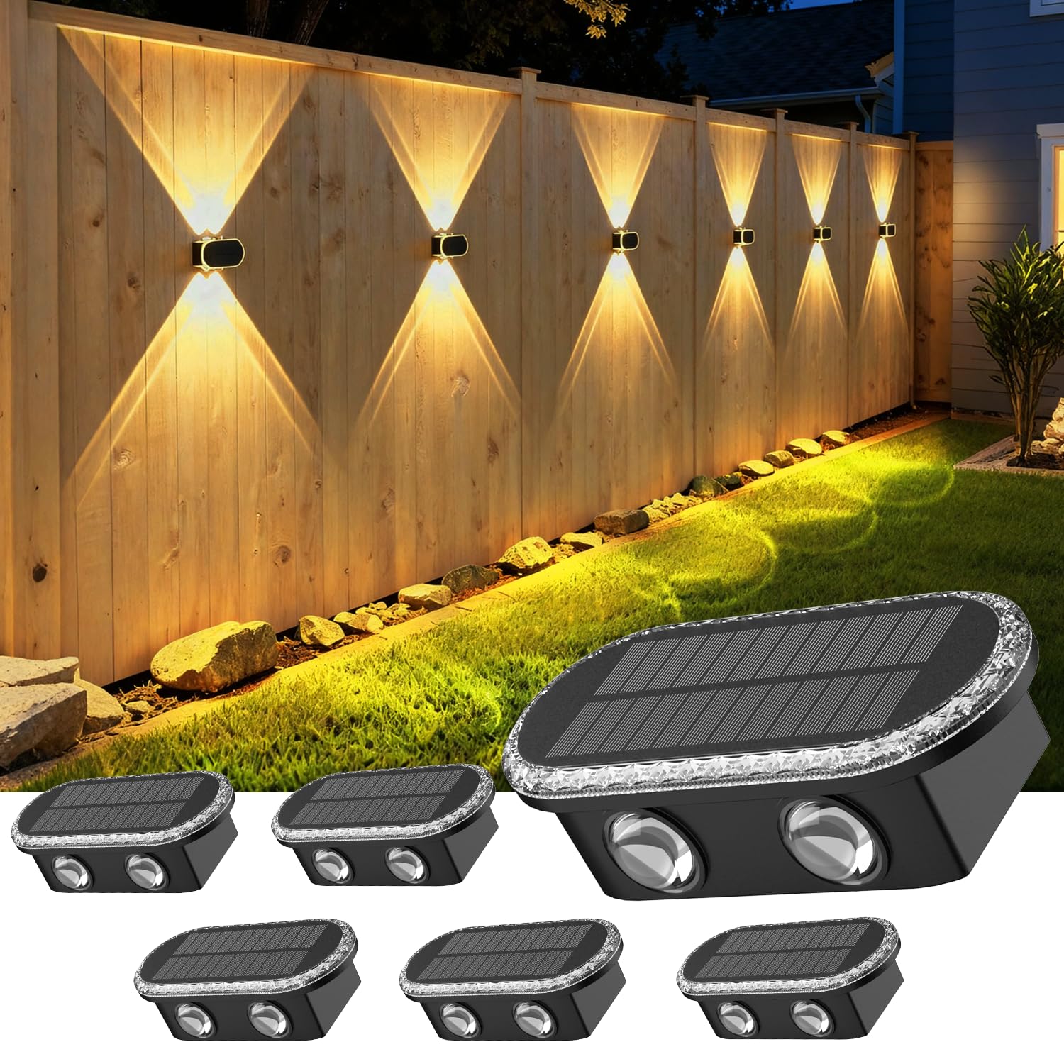 ELLASAY Solar Up and Down Lights Outdoor, 6-Pack Dual LEDs Solar Fence Lights with IP65 Waterproof and 3 Colour Modes, Garden, Patio, Pathway Decorations