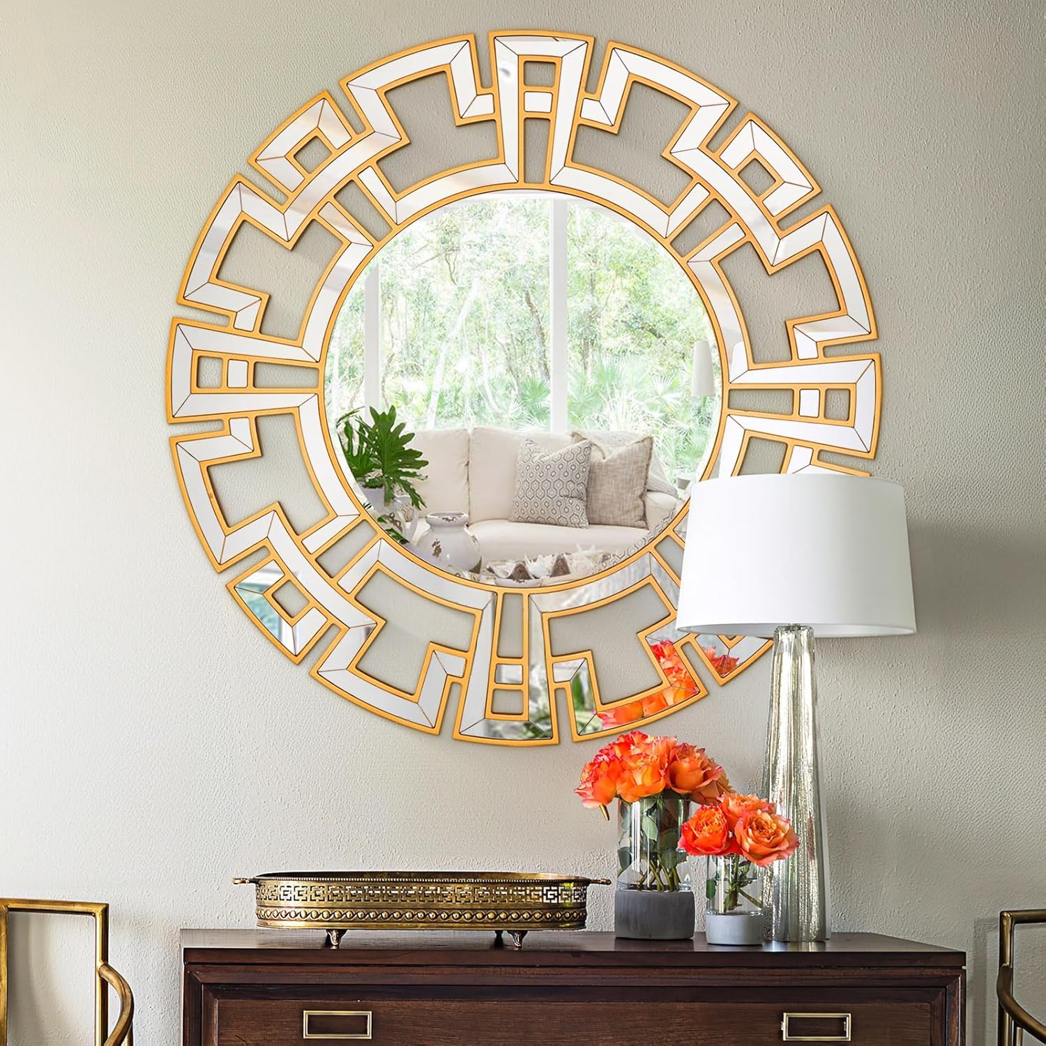 Chende Large Gold Mirrors for Decor, 44'' Round Wall Mirrors for Dining Room Entryway, Elegant Decorative Mirror with Wooden Frame for Living Room, Bedroom, Fireplace