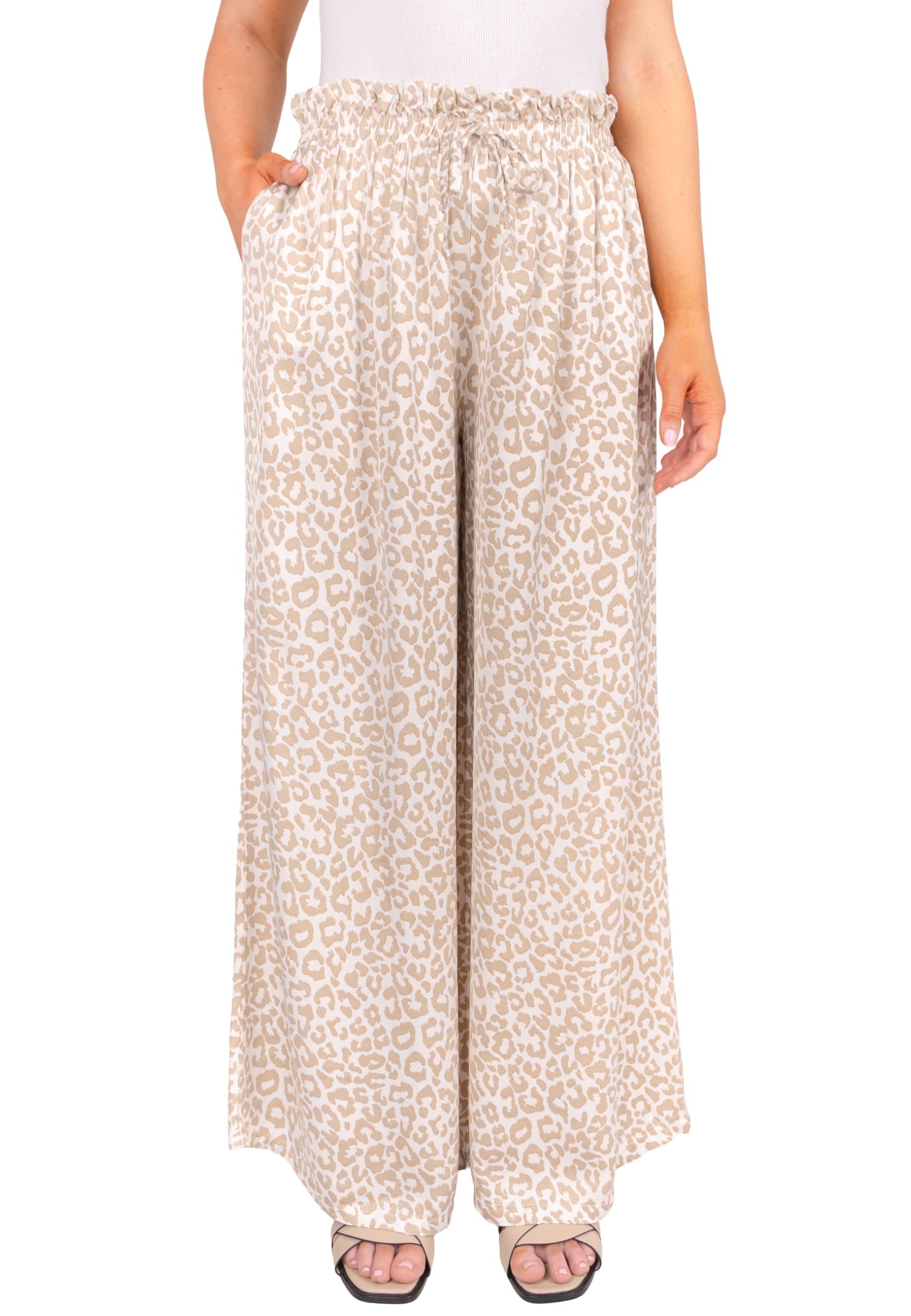 Satinhose Penelope Damen – Palazzo Hose Weit mit Leo Print, High Waist Paperbag-Bund, Elegante Sommerhose OneSize bis Gr. 42