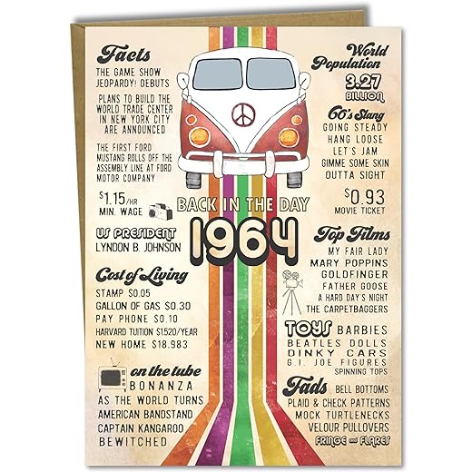 60th Birthday Card - 1964 Vintage Keepsake for 60th Birthday Gifts for Women, 60th Birthday Gifts for Men, 60th Birthday Decorations for Men or Women - Includes Card & Envelope by Katie Doodle
