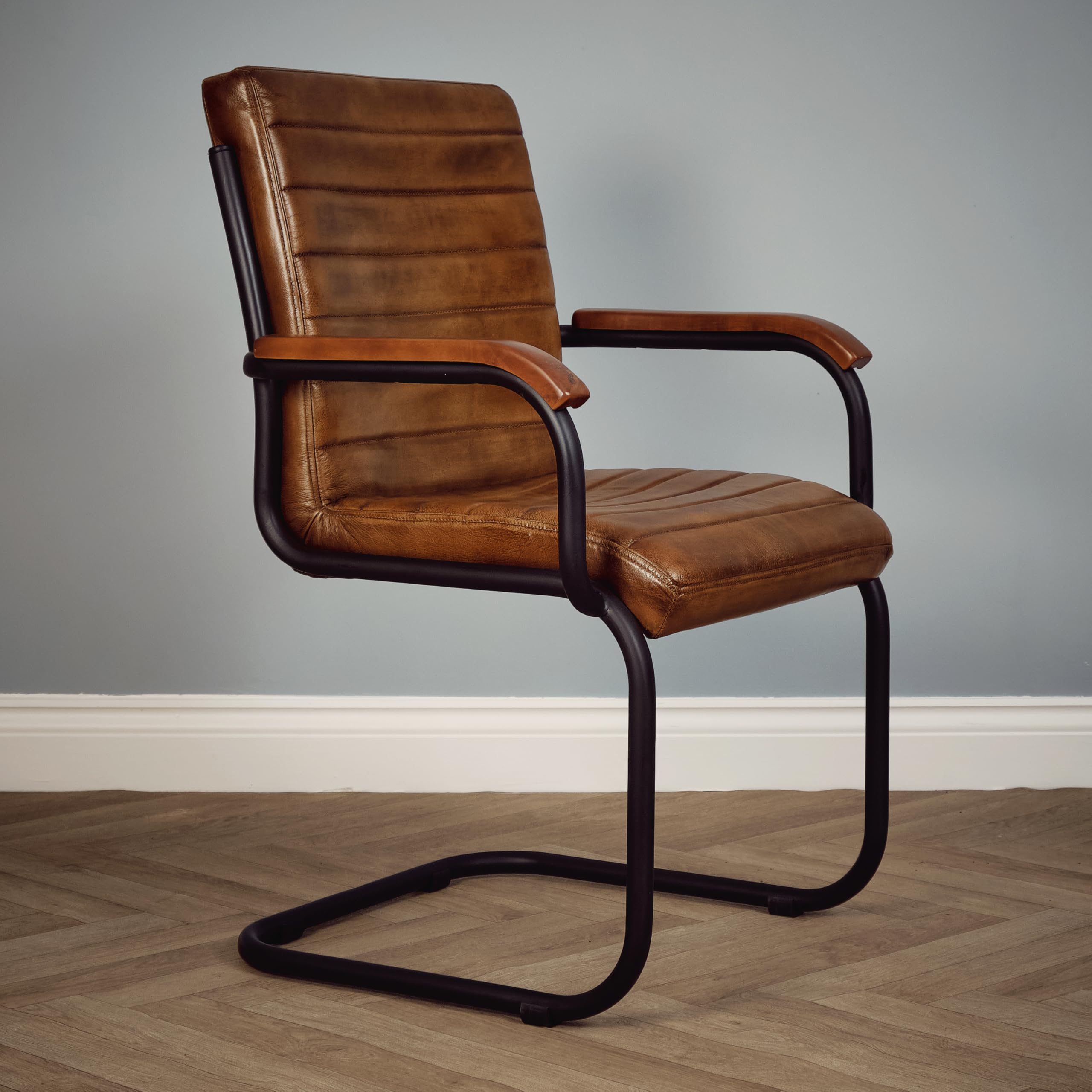 Elm home and garden 100% Real Genuine Leather Dining Kitchen Chair Metal Frame Tan Brown Grey With Arms Fully Assembled (Brown)