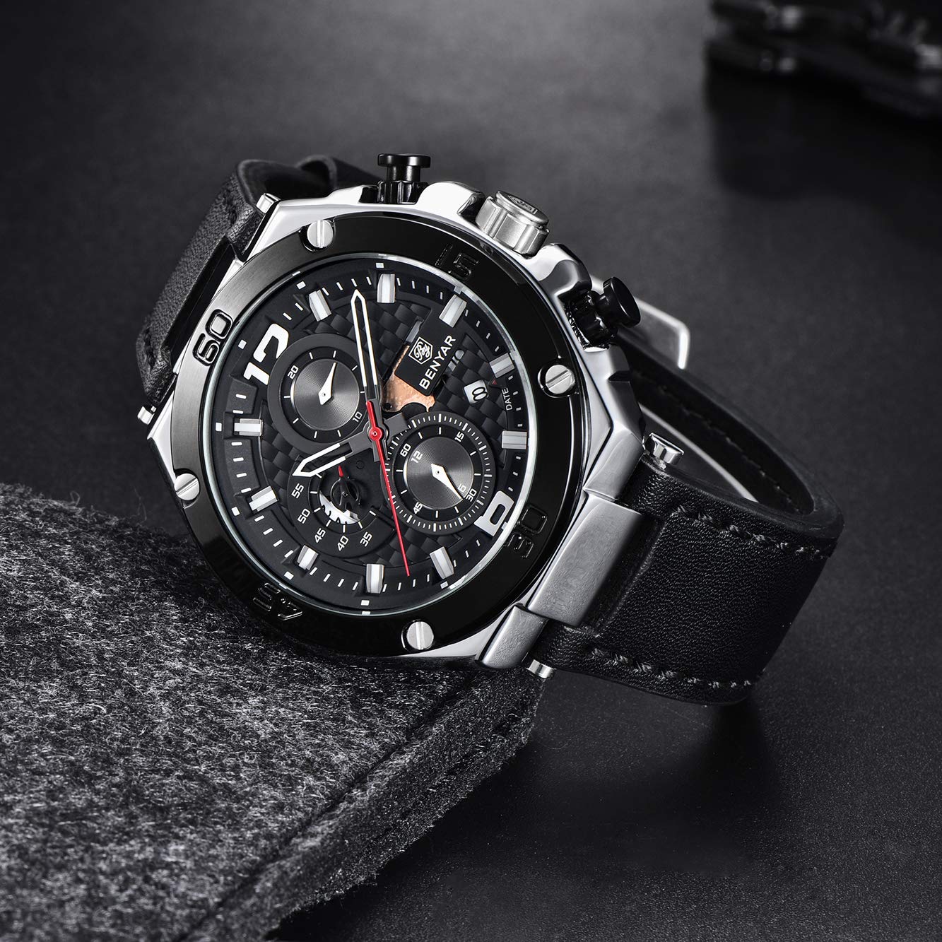Benyar reloj de pulsera para hombre, cuarzo, cronógrafo, fecha, 3 ATM, resistente al agua, diseño deportivo, correa de cuero, Negro 7