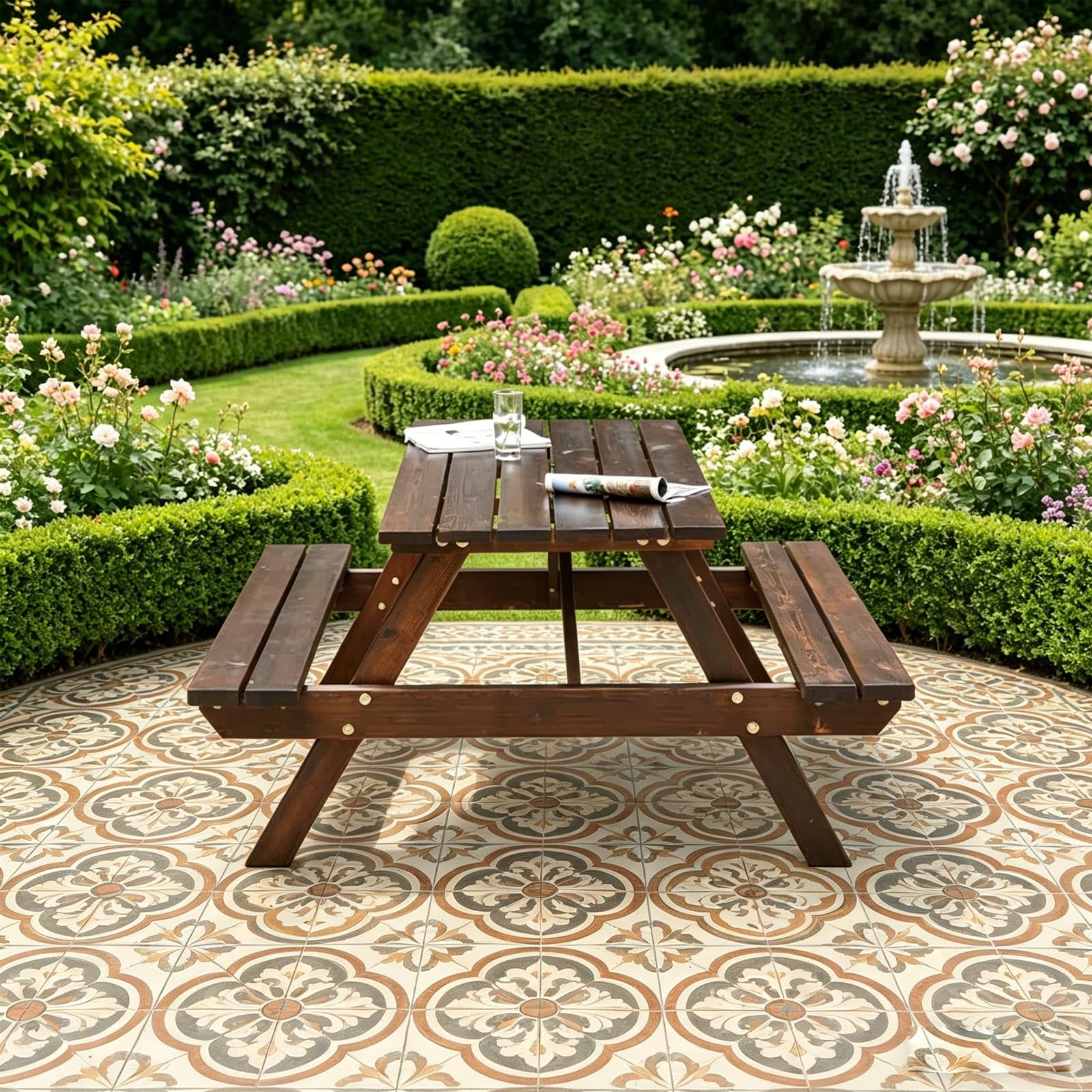 Tavolo da picnic in legno per 4-6 persone con panche integrate, set in legno massello carbonizzato, tavolo da giardino resistente agli agenti atmosferici, giardino e prato