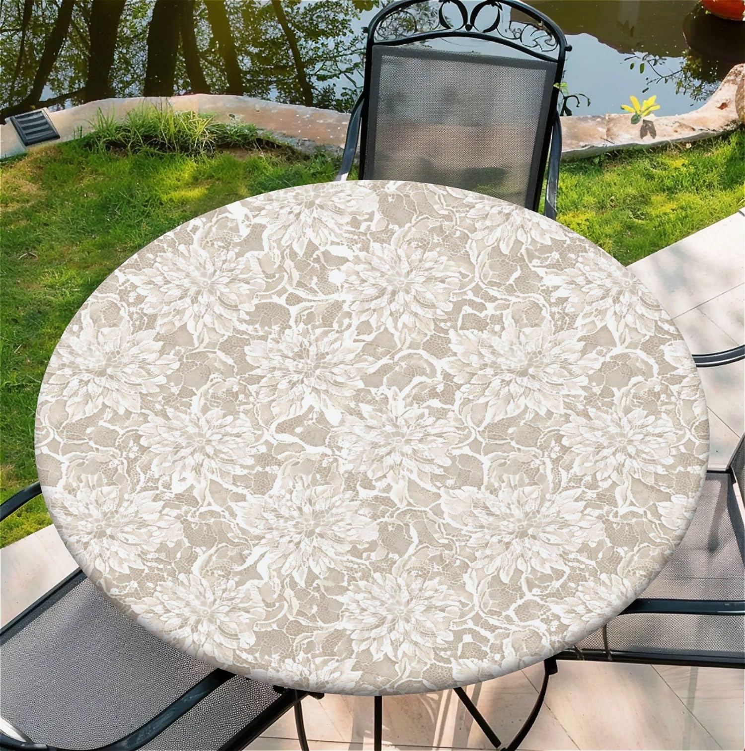 artslion Round Tablecloth Φ110cm/44in Wipe Clean Table Cloths with Elastic, Water-repellent Durable Scratch Resistant Table Cover Protector for Dining room, Balcony, Garden-Vintage Floral Beige