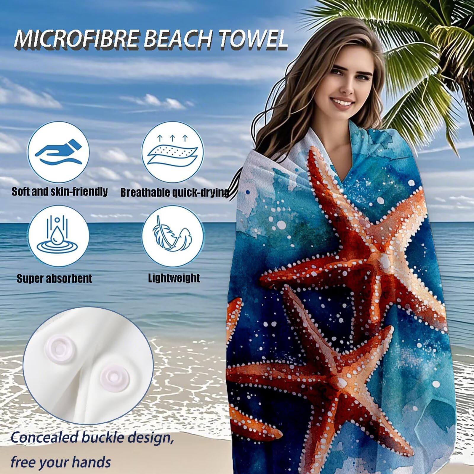 Serviette de Plage XXL 100x200 cm,Étoile de mer Serviette Plage Microfibre avec Séchage Rapide Anti-Sable Absorbante Fonction Design pour Vacances Piscine Pique-Nique Voyages Yoga, Cadeau Femme Q-921