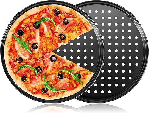 mobzio Sartén de acero para hornear pizza para horno, sartén para pizza con agujeros, juego de sartenes redondas para pizza de 12 pulgadas, bandeja