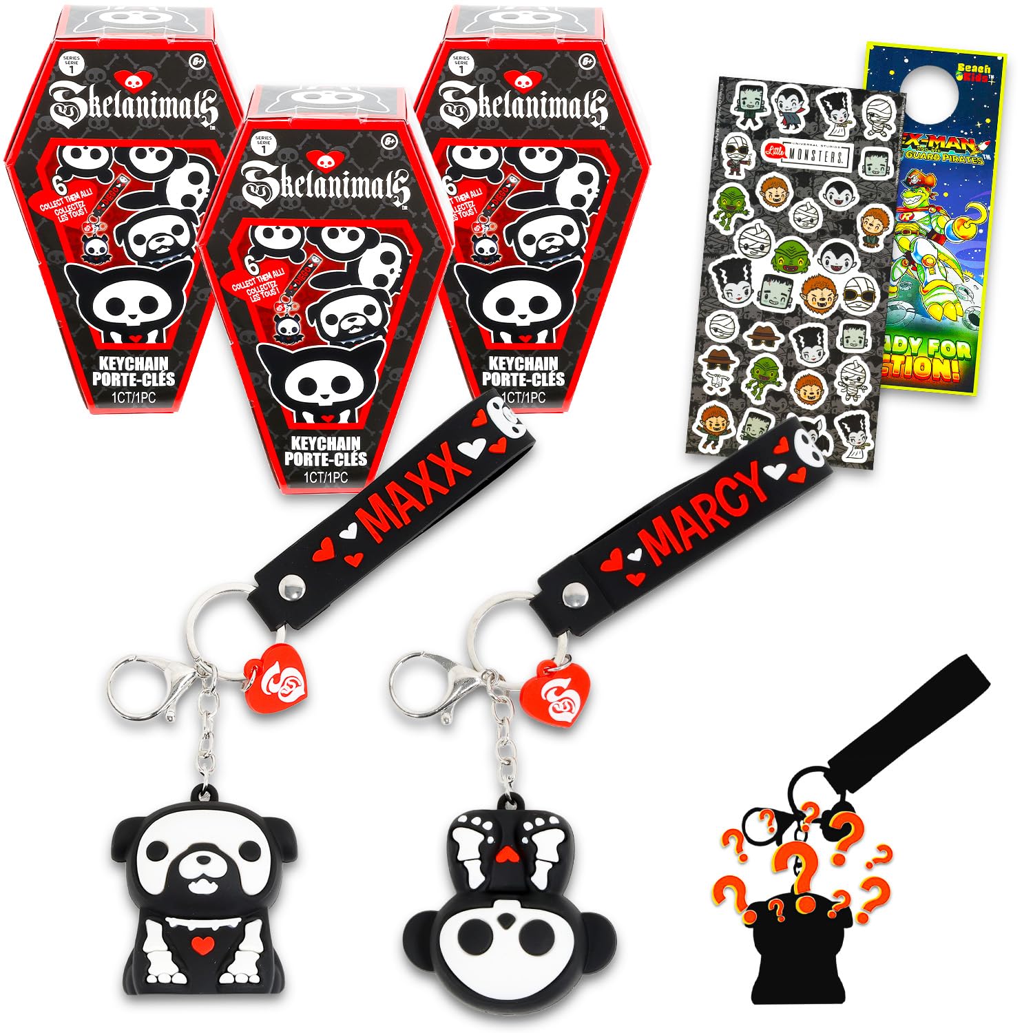 Skelanimals Blind Bag 3 Pack - Bundle with 3 Skeleton Animal Keychains in Coffin Blind Boxes Plus Stickers, More | Skelanimals Party Favor Toys for Kids
