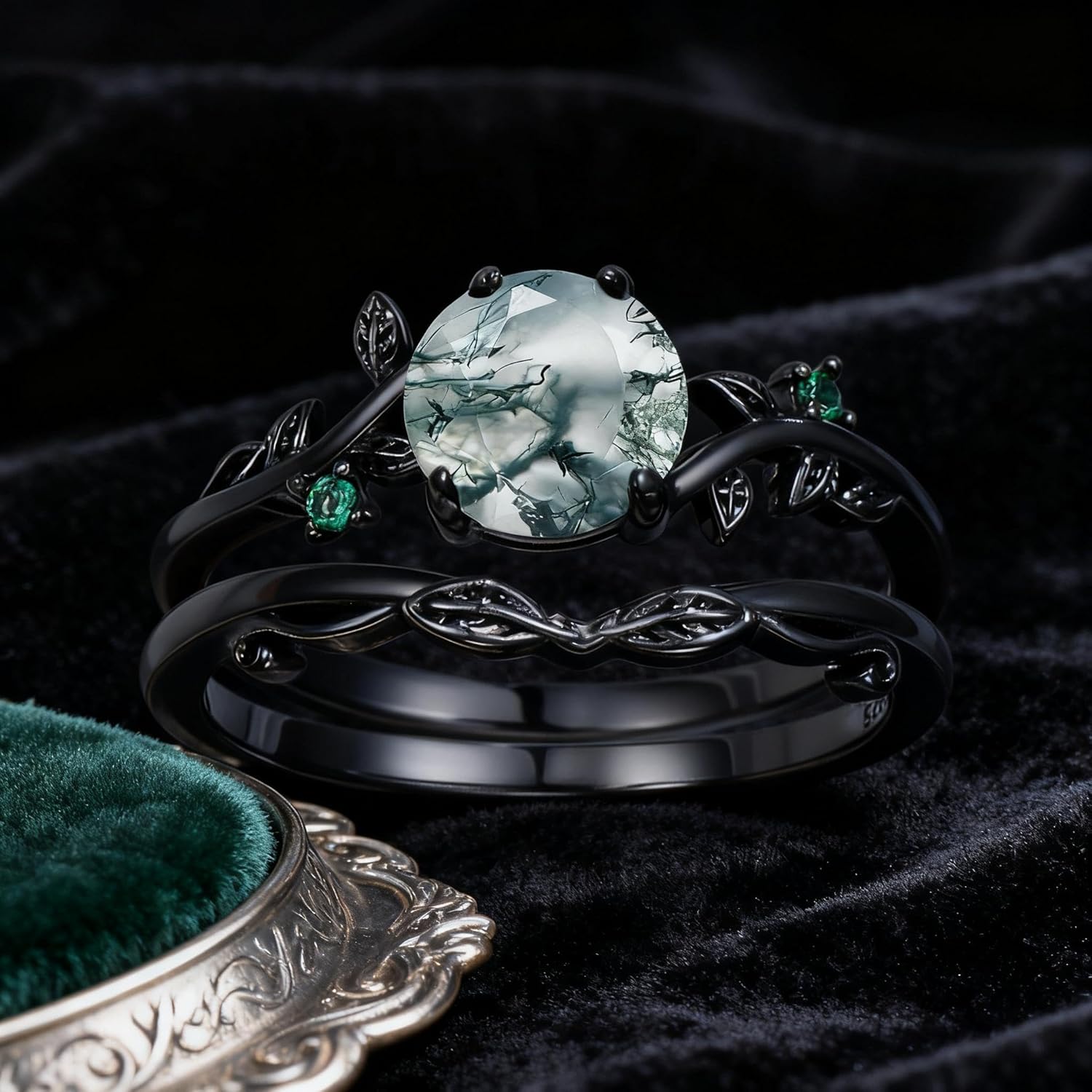 Seiyang Natural Moss Agate Ring 925 Sterling Silver Moss Agate Engagement Ring Set Promise Wedding Jewelry Gift for Women Mom Her
