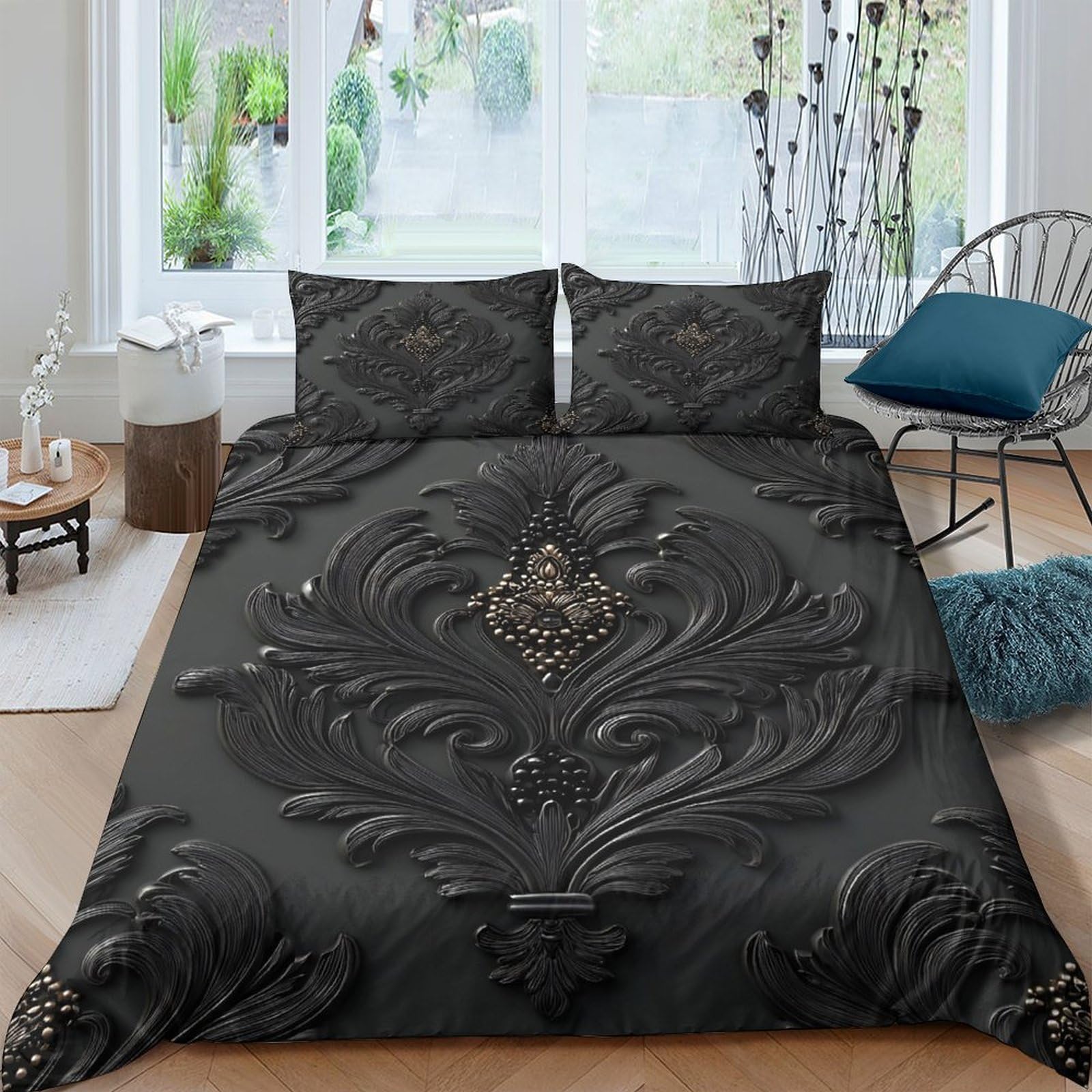 Ctjqhvkz Style-6 3D Printed Baroque Damask Fitted Sheet Microfiber Soft Black Ornate Mattress Cover For Bedroom Guest Room Decor Single（135X200cm）
