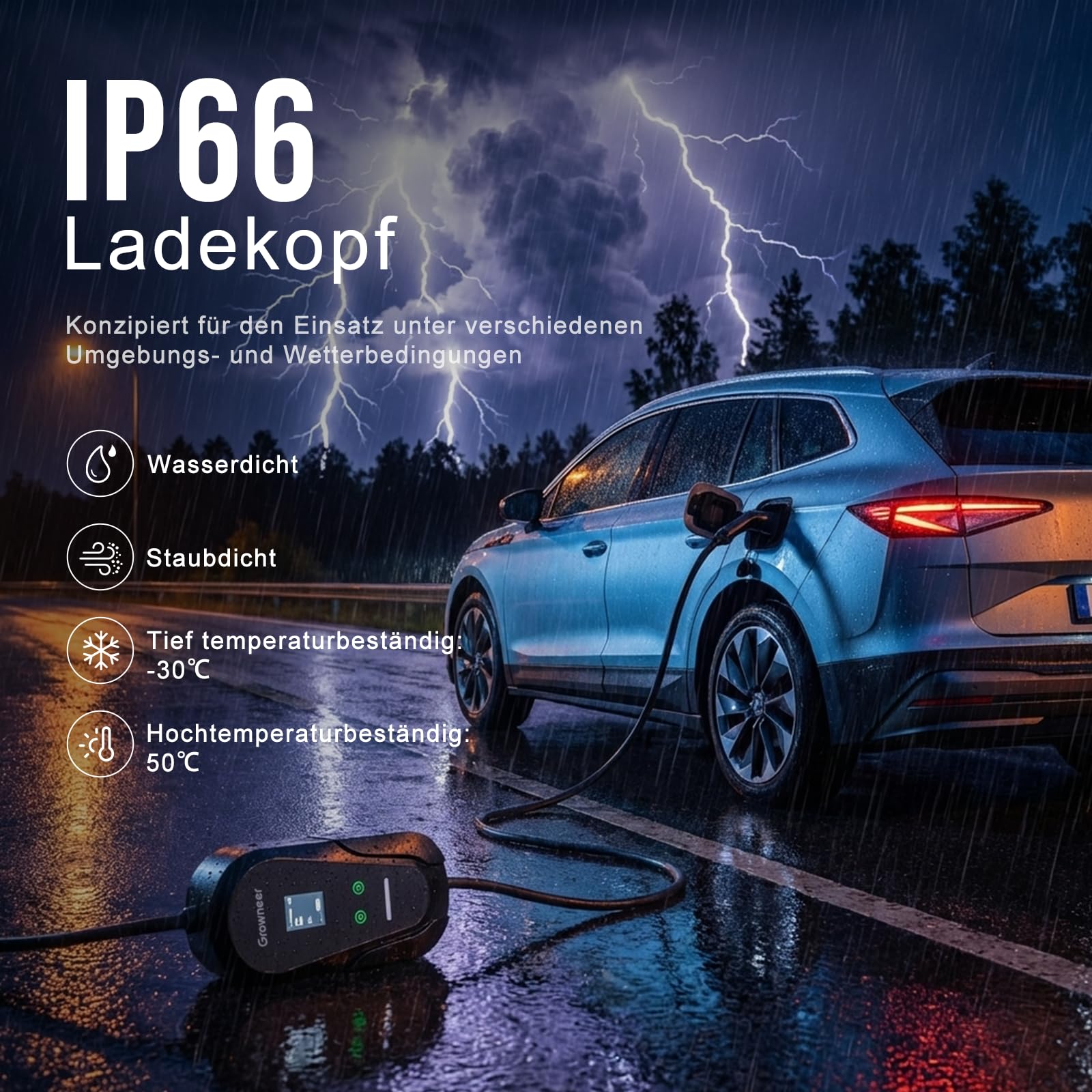 EV-Ladegerät, 3-poliger Stecker, 7 m (23 ft) Typ-2-Ladekabel, Wallbox 11 kW, [6/8/10/12/16 A] Ladekabel für Elektroautos, IP66, erweiterter Schutz, geeignet für Elektro- und Plug-in-Hybridfahrzeuge