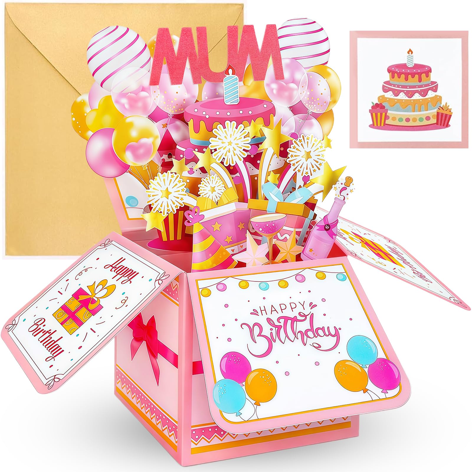 Cute Happy Birthday Mum Card Pop Up - Mum Birthday Card, 3d Funny Special Personalised Gifts Cards Colorful Balloons Excitement Fireworks Gift Box for Mom/Mother/Mam from Son or Daughter