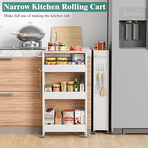 Miniatura 10 de Carrito de almacenamiento delgado, carrito de cocina de 4 niveles, armario de almacenamiento estrecho con asa y parte superior de madera, unidad de