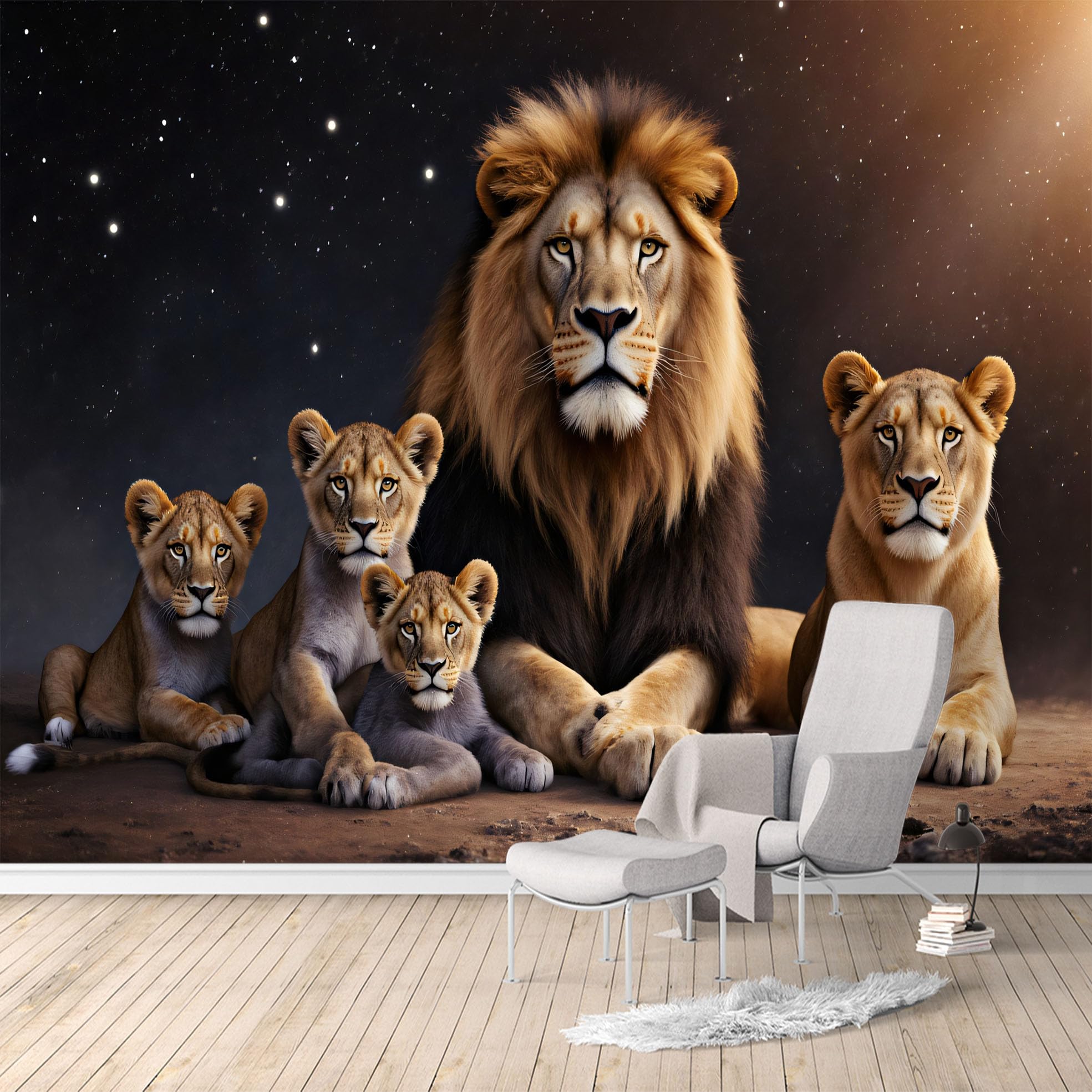 Custom Size Wall Mural,Lion Family Starry Night Sky Safari Wildlife Scene,Removable Self Adhesive Large Wallpaper Mural for Living Room Bedroom Office Home Decor