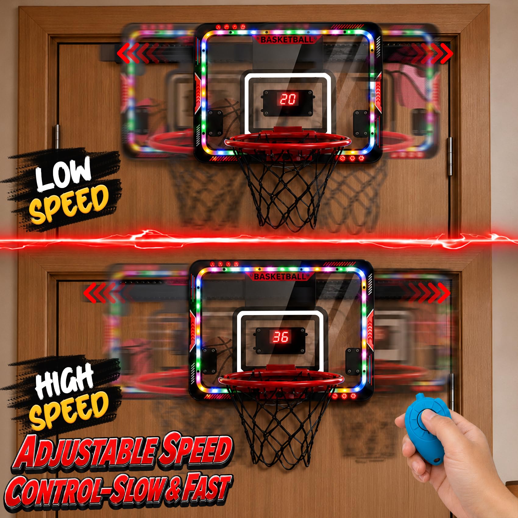 VATOS Canestro da Basket Mobile Interno per Bambini, Canestro da Basket da Porta con Luci Led/Tabellone Segnapunti/Palline, Giocattolo Basket Telecomandato, Regalo Divertente per Maschi