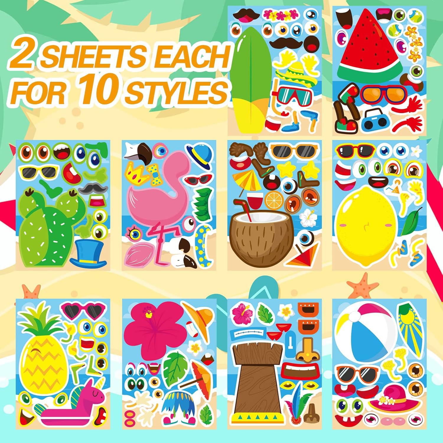20 Sheets Hawaii Make a Face Sticker Summer Pool Beach Stickers for Kids Make Your Own Watermelon Pineapple Flamingo Stickers for Tropical Luau Craft Party Decor Sticker Summer Holiday Party Favors - Image 2