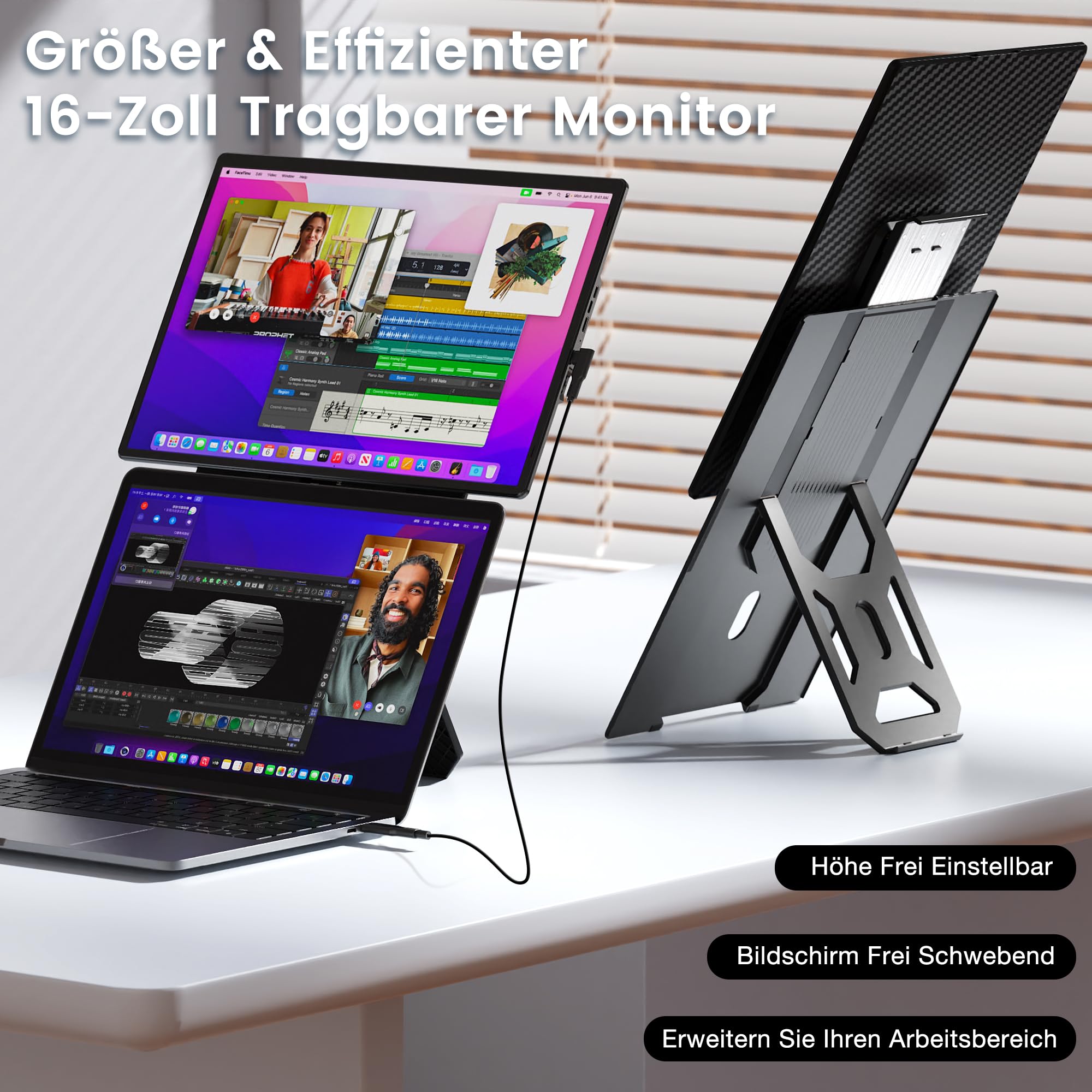 Kwumsy Laptop Bildschirm Erweiterung 16 Zoll,Tragbarer Monitor für Laptop, Full HD IPS Portable Monitor, Ultradünner Zero-Frame Display Monitor, Drehbarer & Abnehmbarer Ständer, VESA-Montierbar