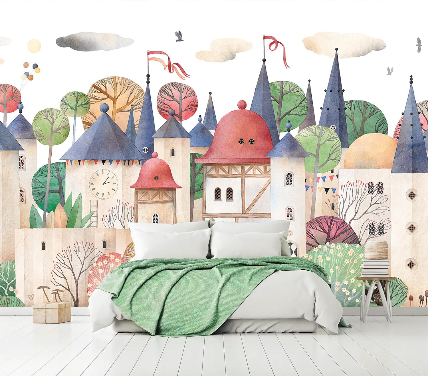 AFZEVEB-Cartoon Watercolor House Nursery Wallpaper Wall murals for Kids Room 114