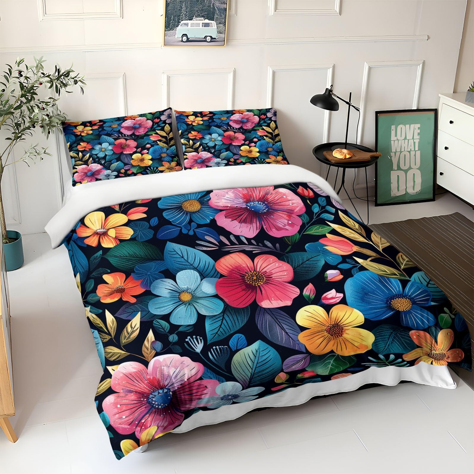 Set copripiumino da 155 x 220 cm, per bambini, ragazzi e adolescenti, per letto singolo, piantare fiori, petali, foglie 01 copripiumini stampati con chiusura lampo e federa da 80 x 80 cm