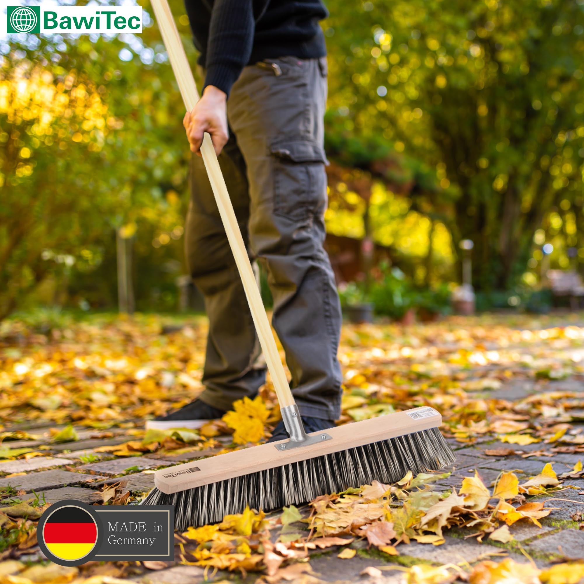BawiTec OssiBlitz-Mix Straßenbesen, 80cm Besenbreite, Besen mit Stiel | Stiel 160cm Länge Ø2,8cm, Harte Arenga Borsten-Mischung, Robuste Borsten, Kehrbesen für Draußen
