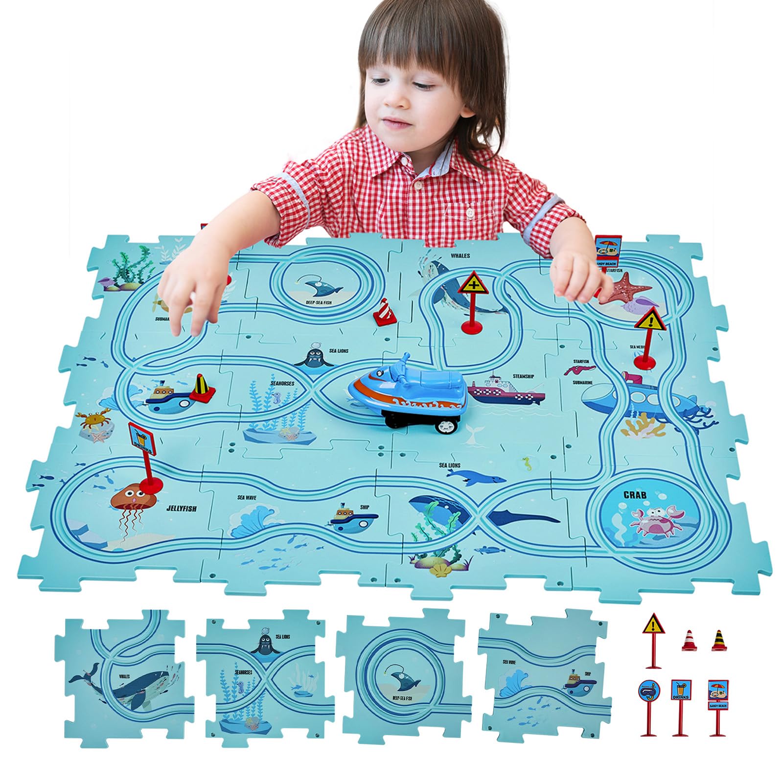 SGILE 12 PCS STEM Road Builder Puzzle for Kids Age 3+, Toddler Race Logical Brain Teaser Maze Board Game with Car, Early Learning Floor Play Set Toys for Boys Girls 3 4 5 6 7 Year Old Gift(Ocean)