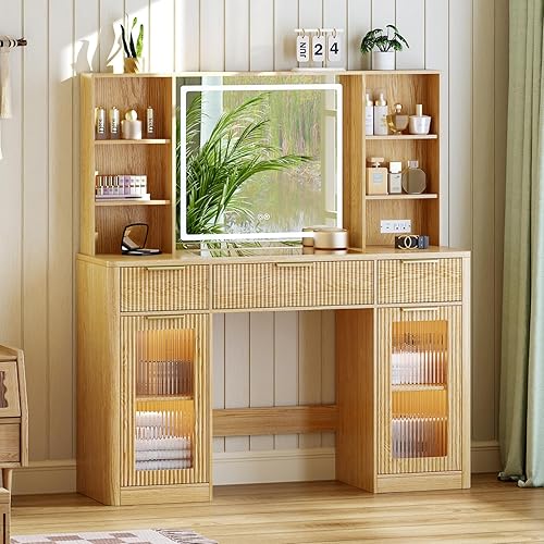 Tocador grande de 51.2 pulgadas, moderno escritorio de maquillaje acanalado con espejo y luces, tocador superior de cristal con 3 cajones y 2